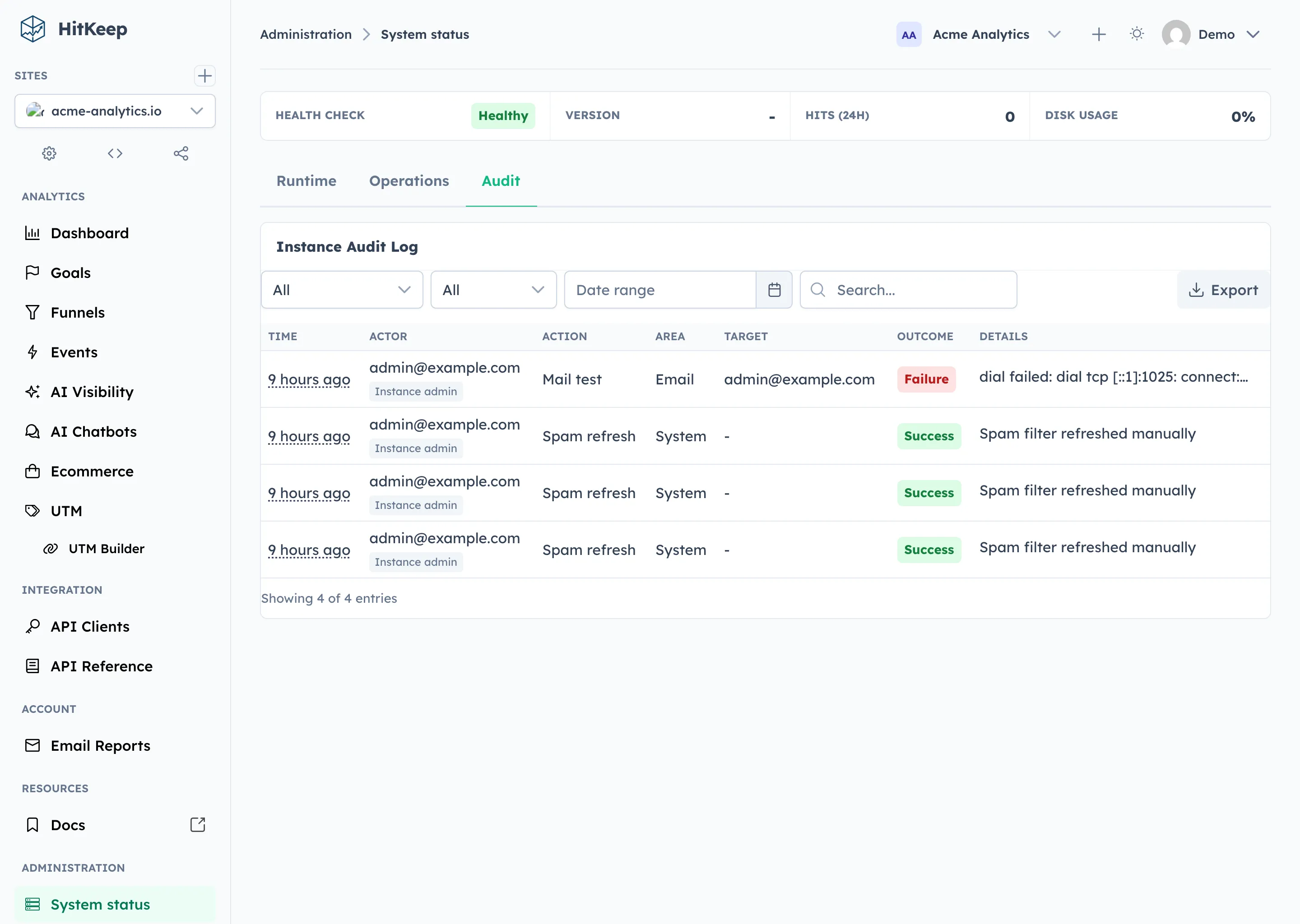 HitKeep instance audit log showing mail test and spam refresh entries with actor, outcome, and details