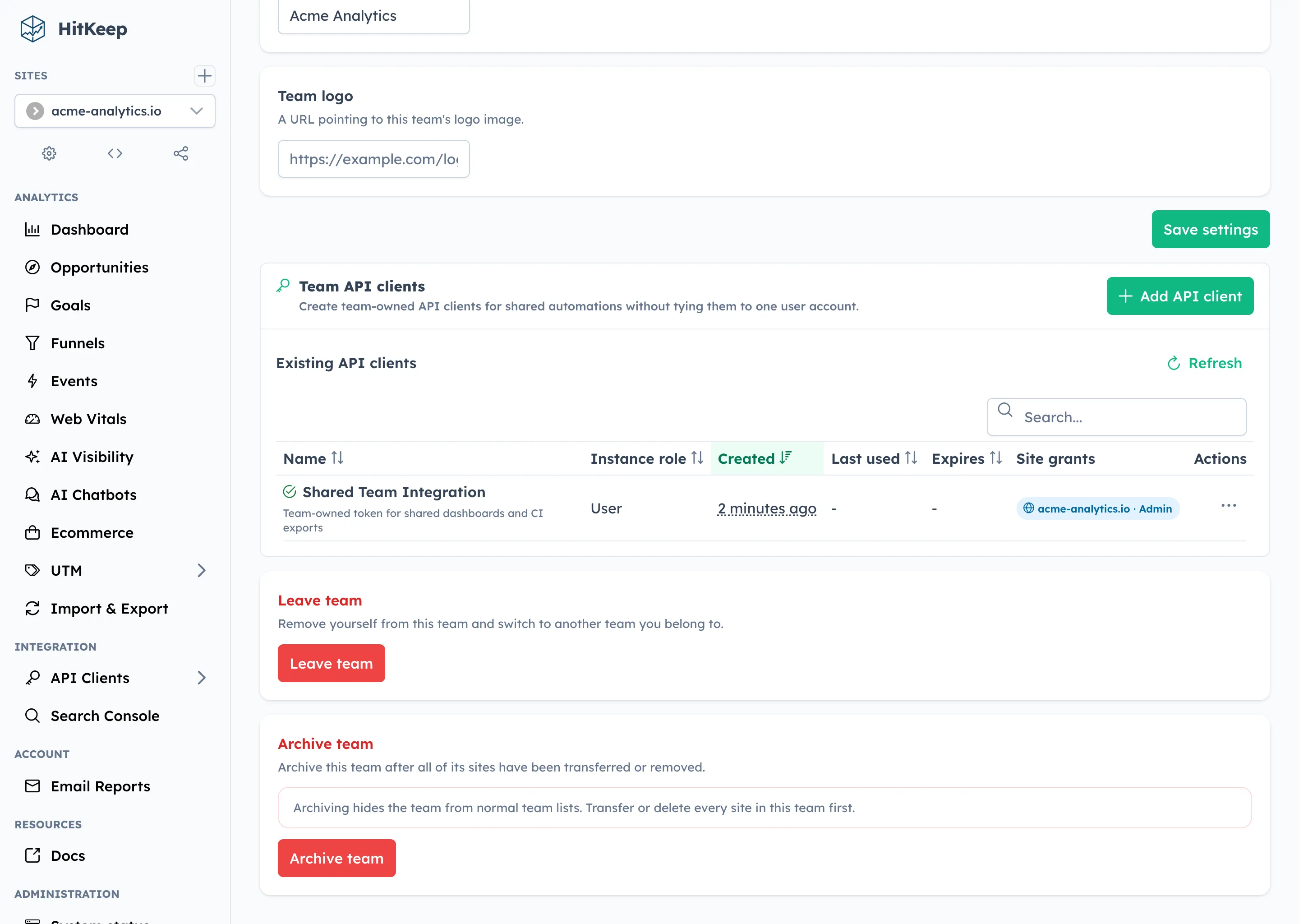 HitKeep team API clients — shared token management in team settings