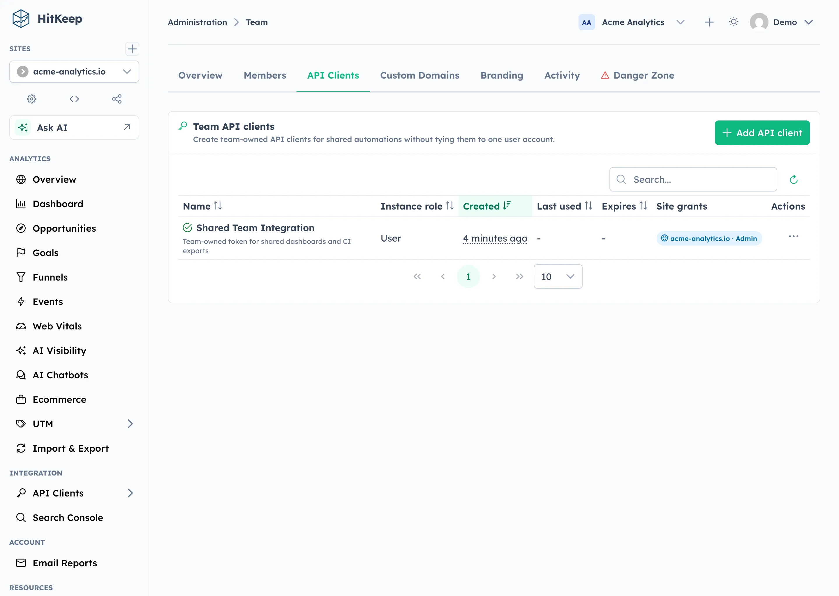 HitKeep team API clients — shared token management in team settings