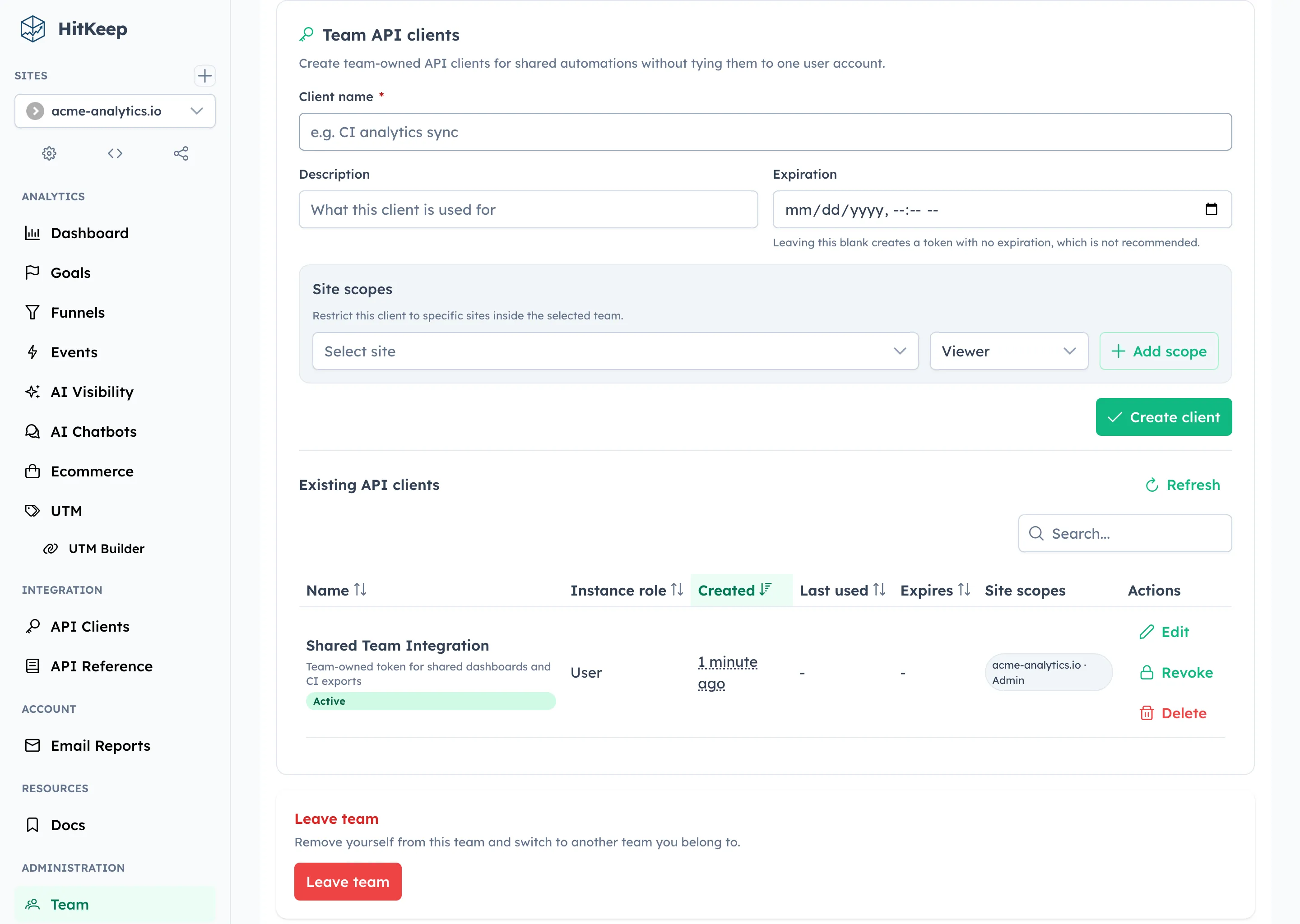 HitKeep team API clients — shared token management in team settings