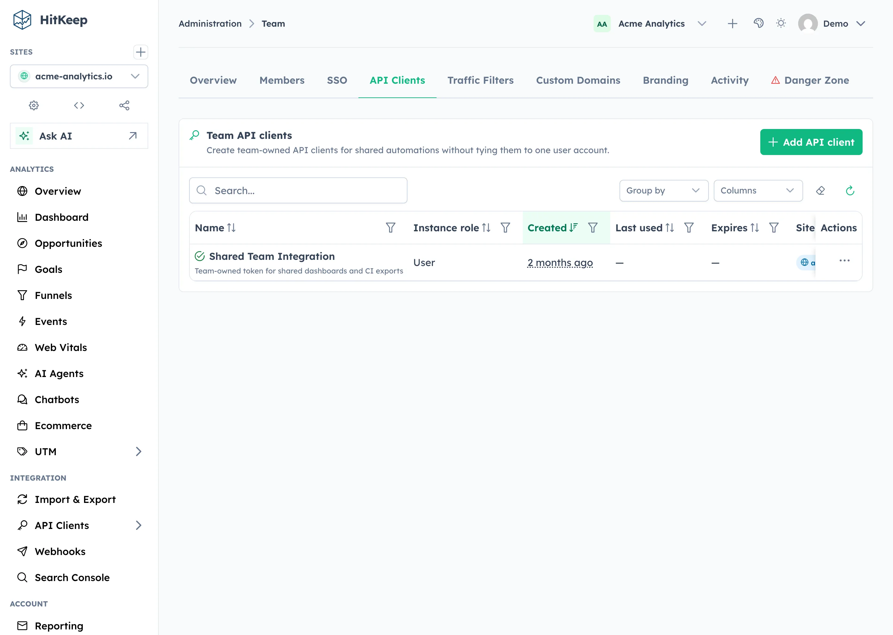 HitKeep team API clients — shared token management in team settings