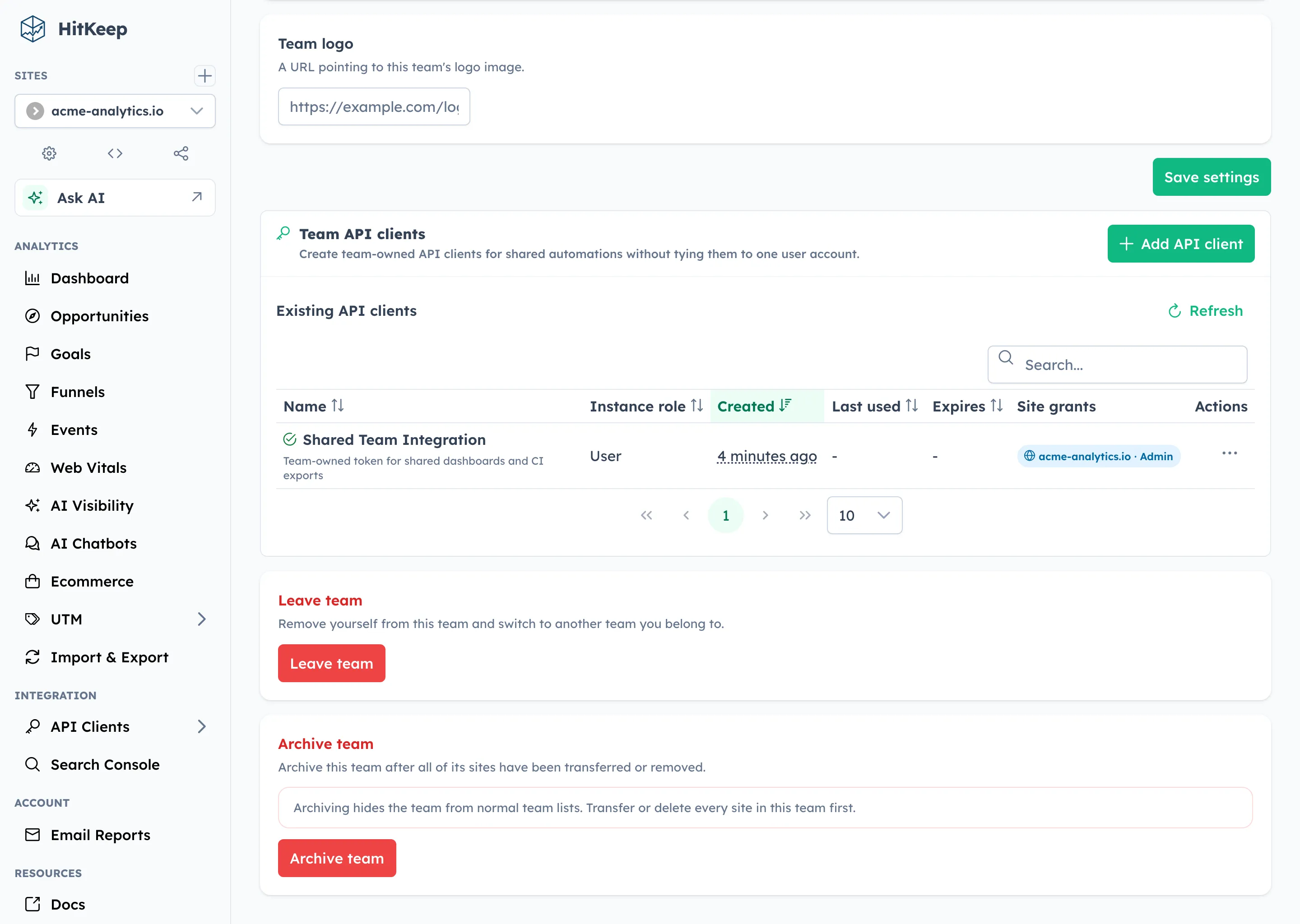 HitKeep team API clients — shared token management in team settings