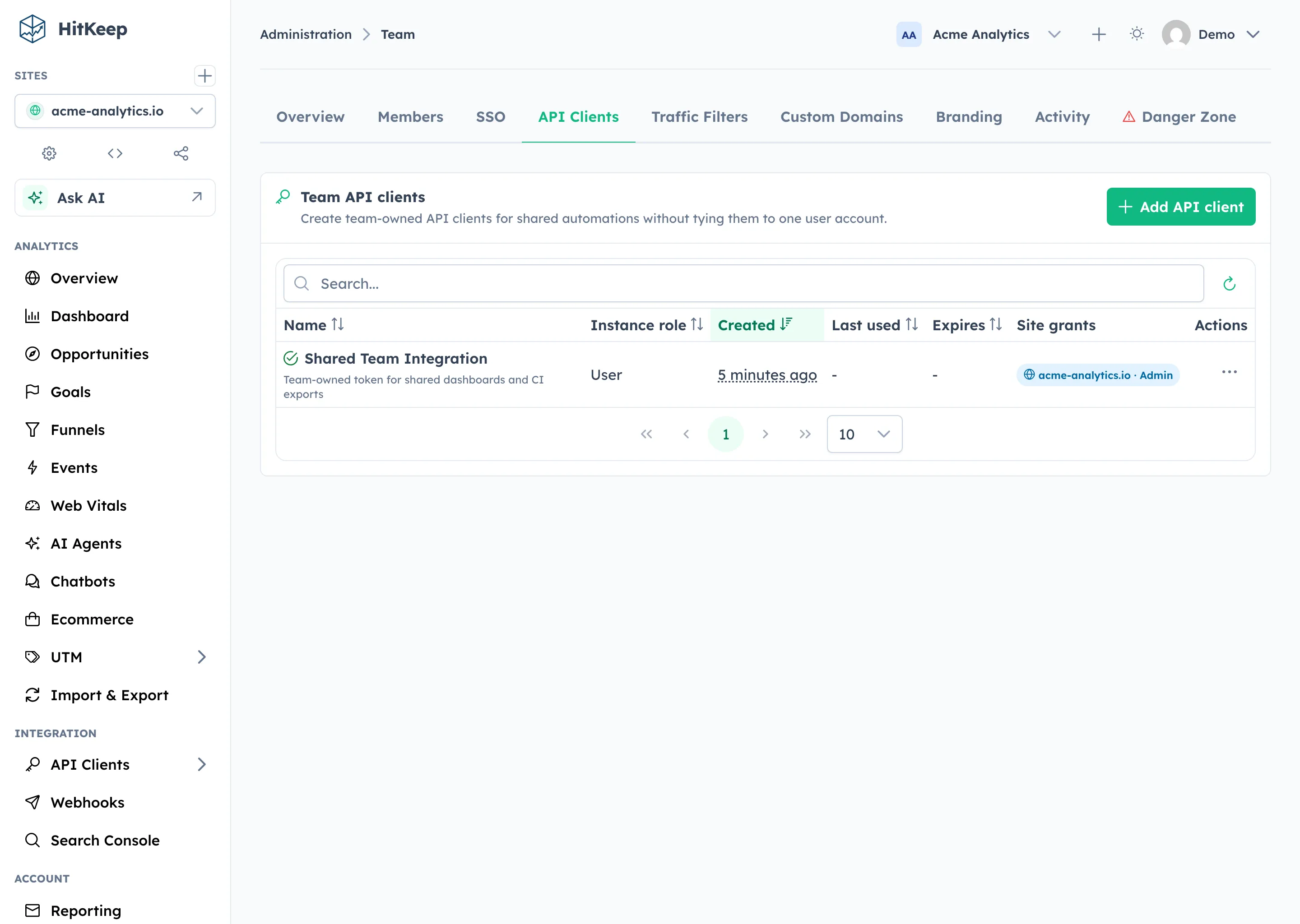 HitKeep team API clients — shared token management in team settings