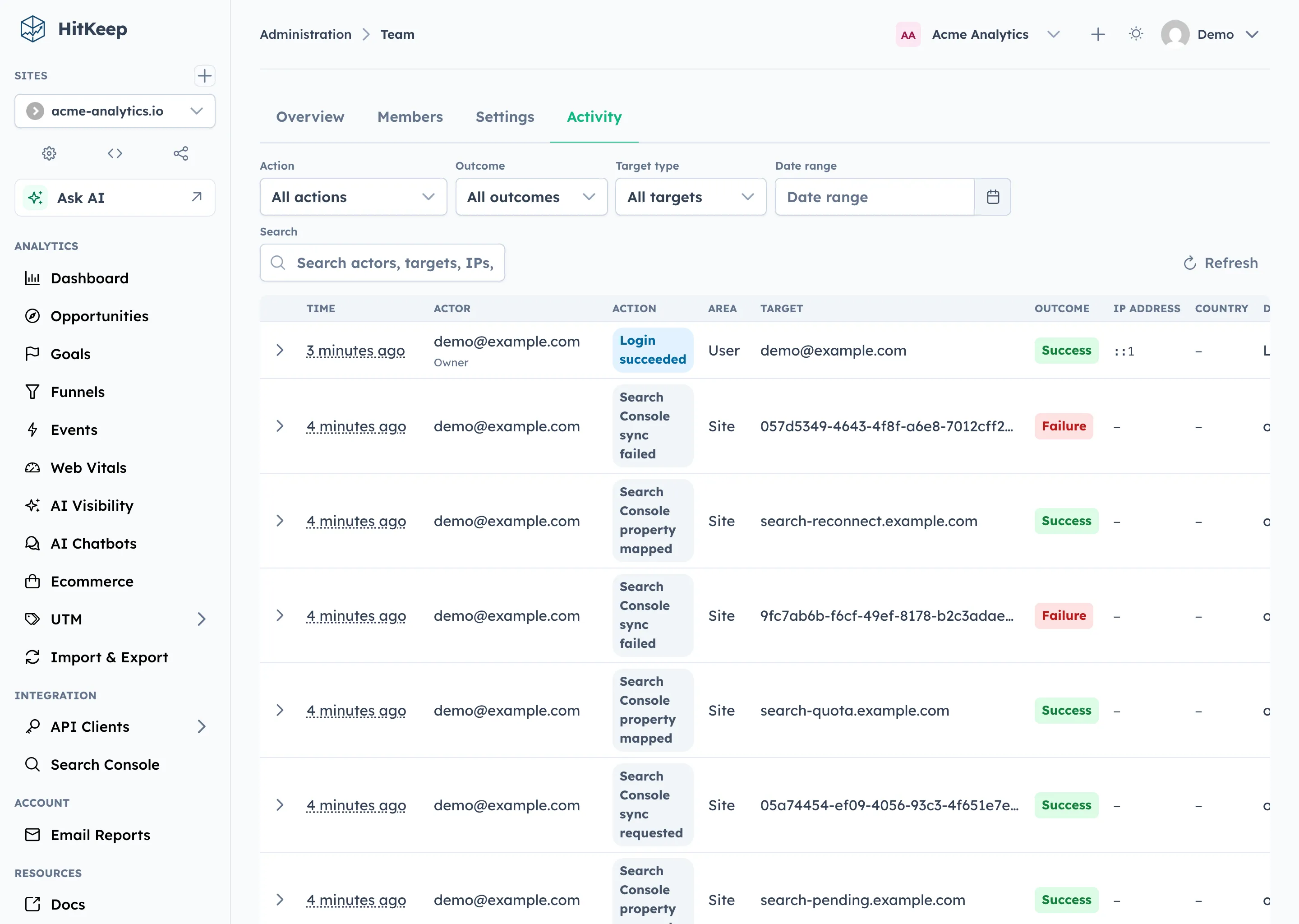 HitKeep team audit log
