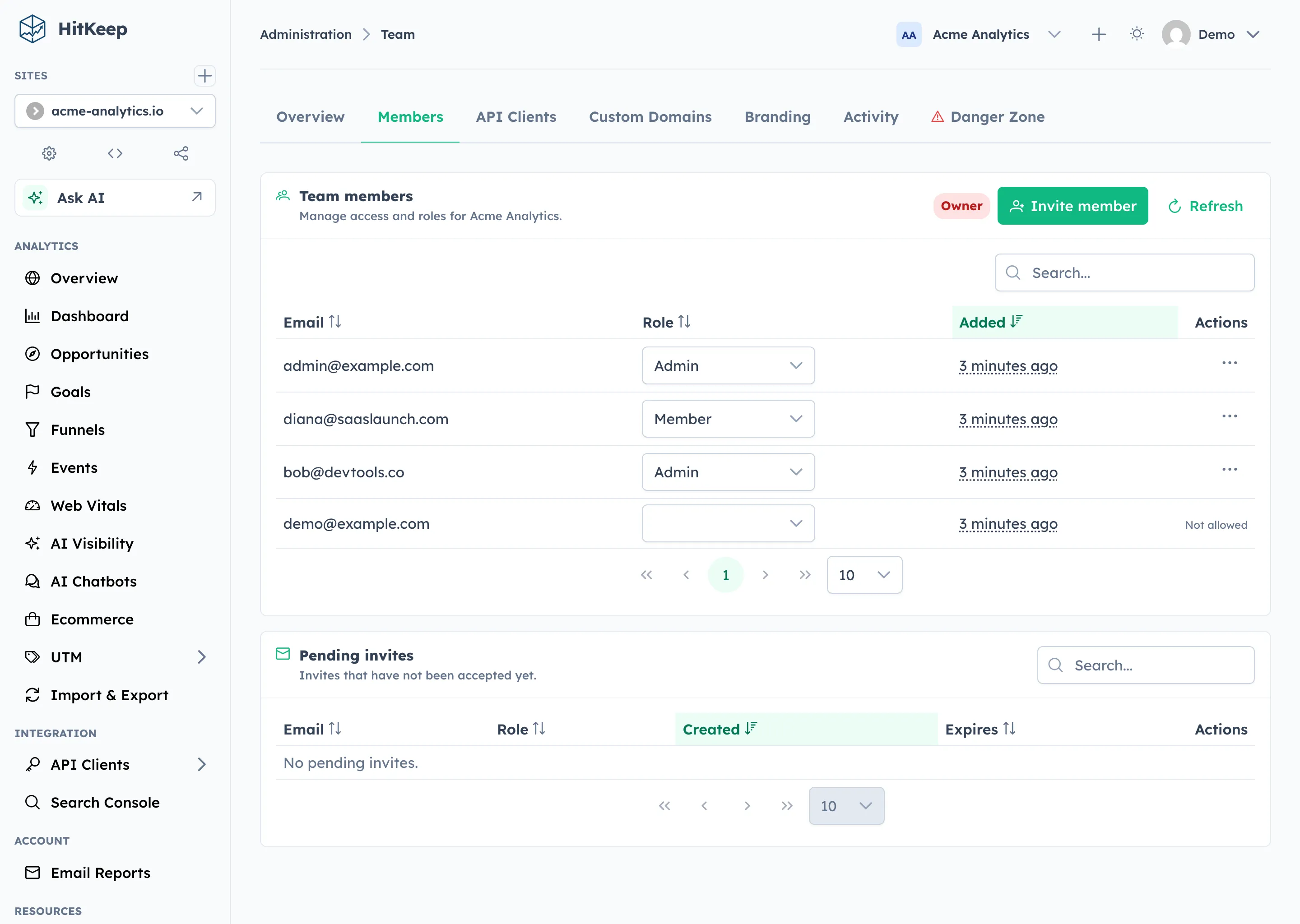 HitKeep team members page showing the routed team admin tabs, a searchable members table with roles, and pending invites