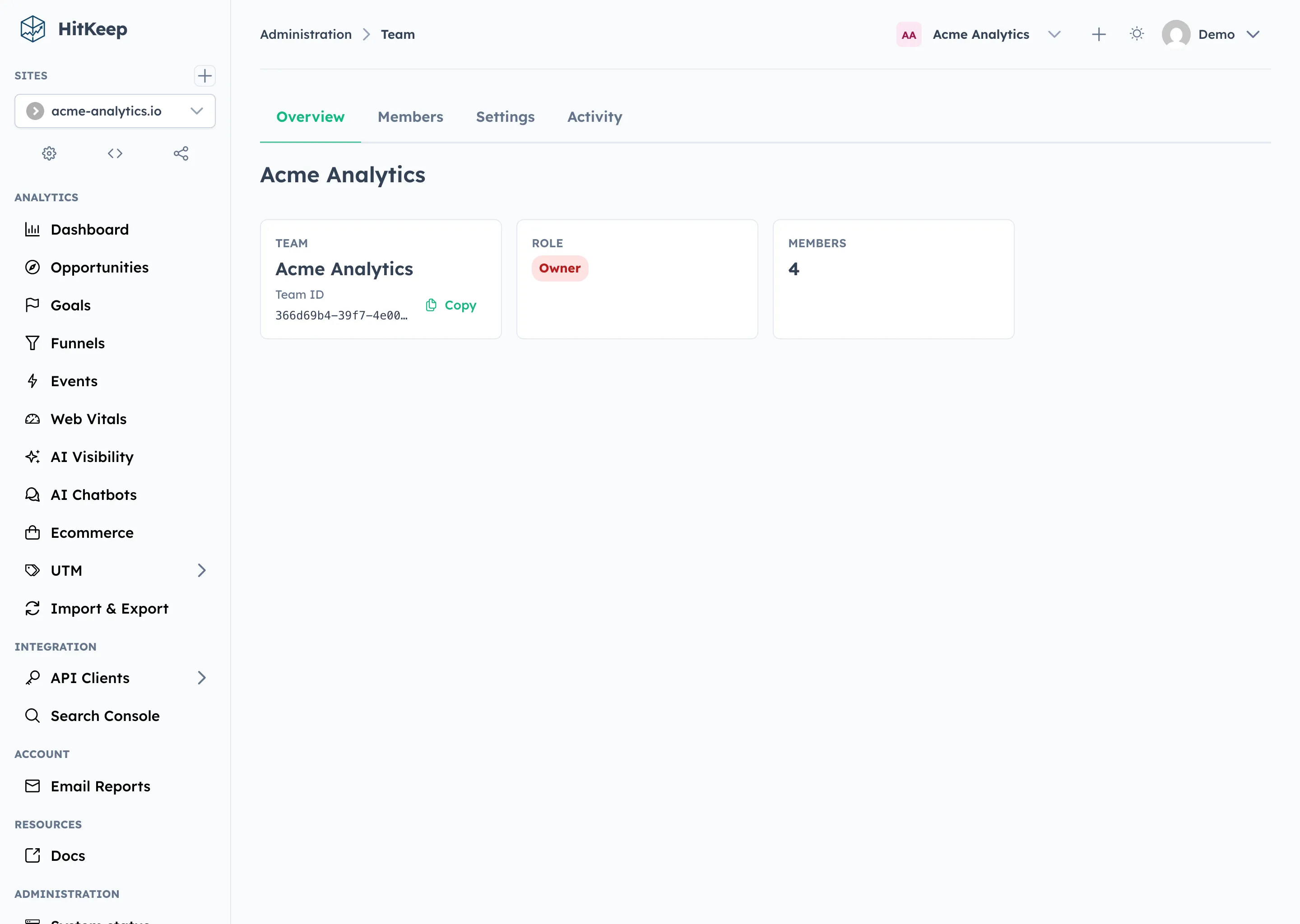 HitKeep team administration overview with plan, usage, and team details