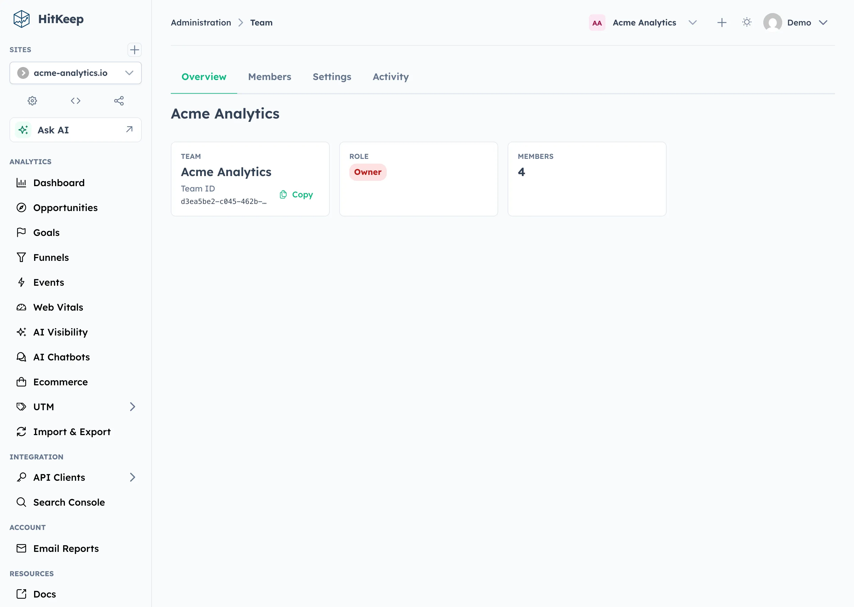 HitKeep team administration overview with plan, usage, and team details