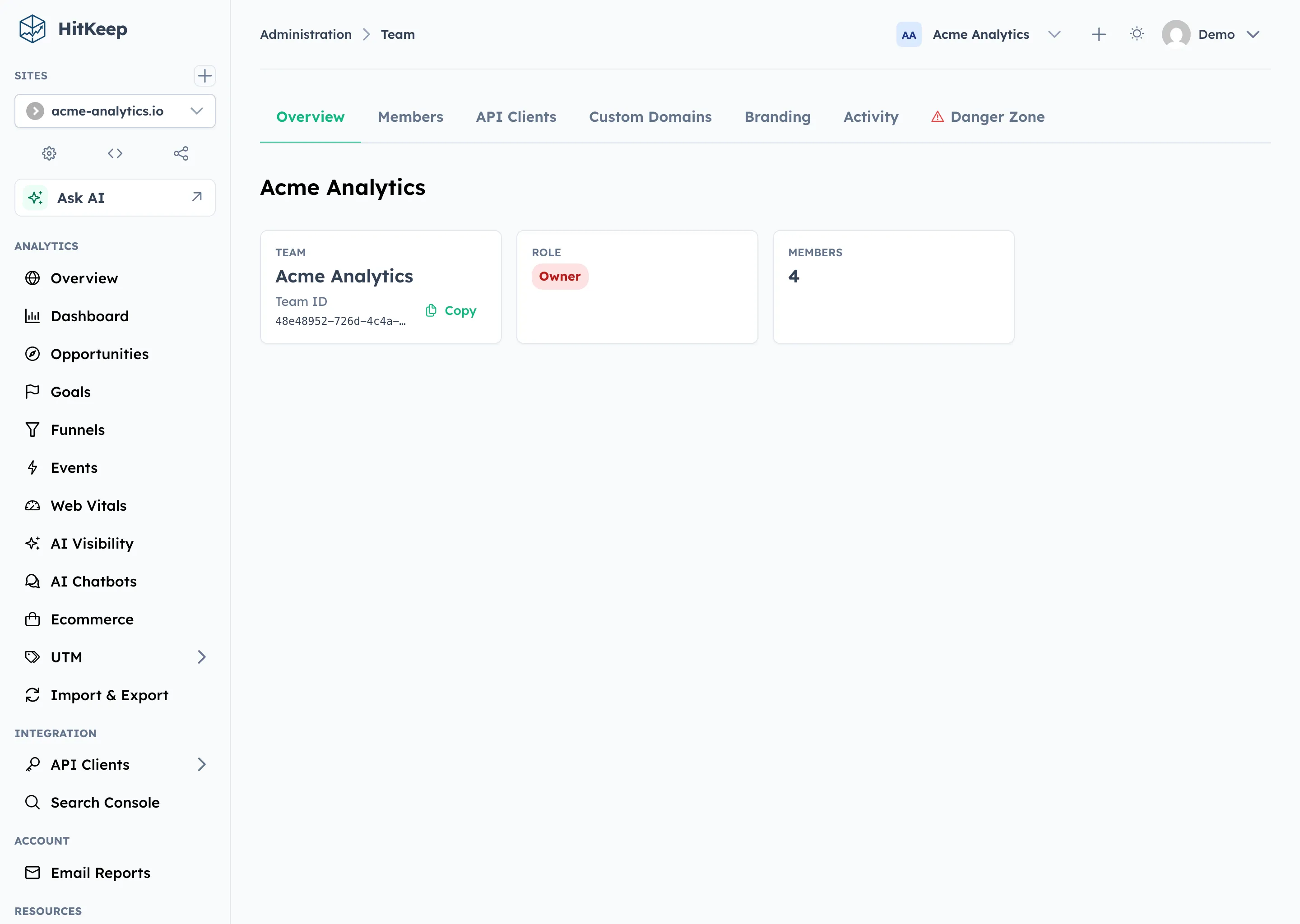 HitKeep team administration overview with plan, usage, and team details