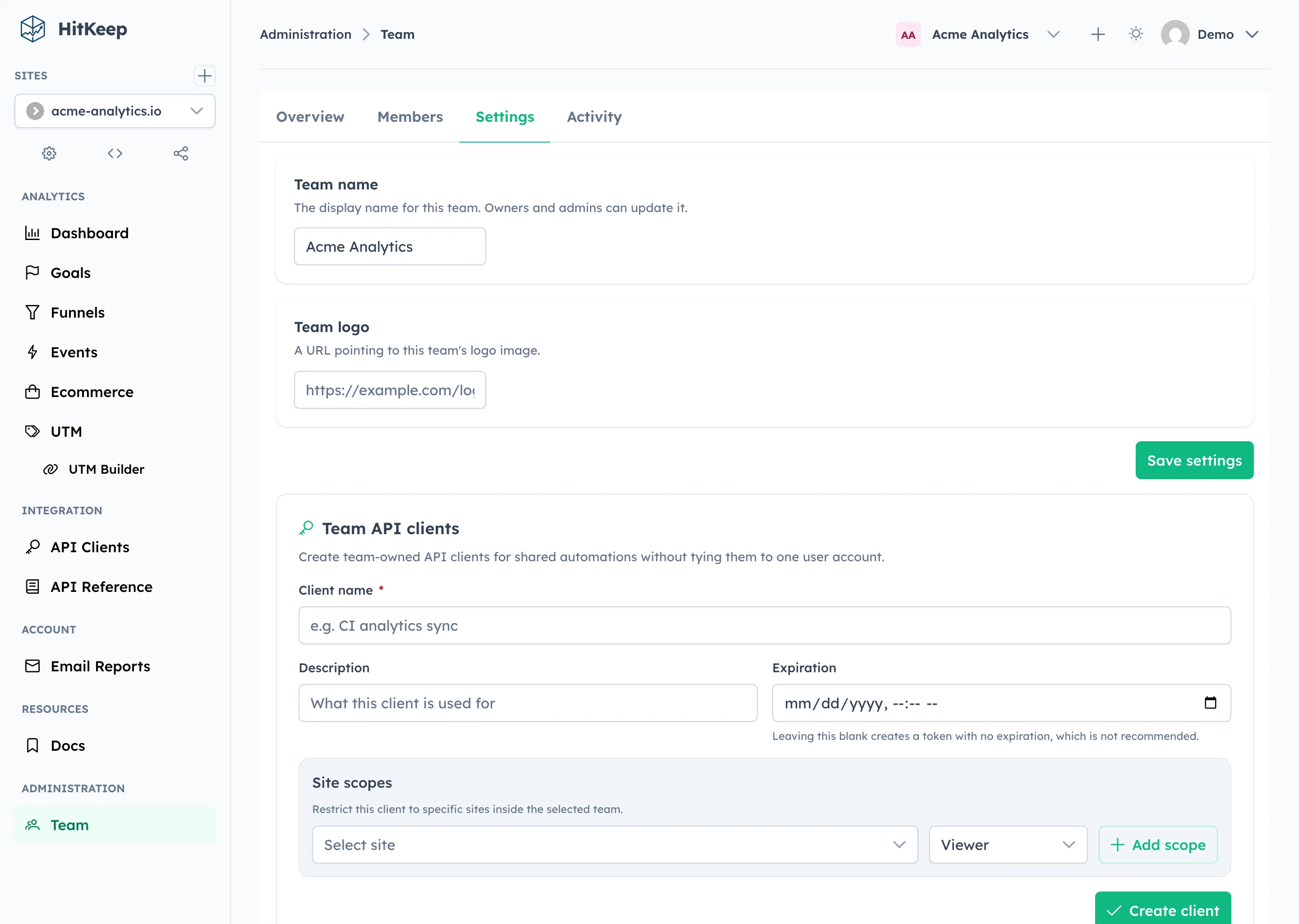HitKeep team settings tab with team metadata and management controls