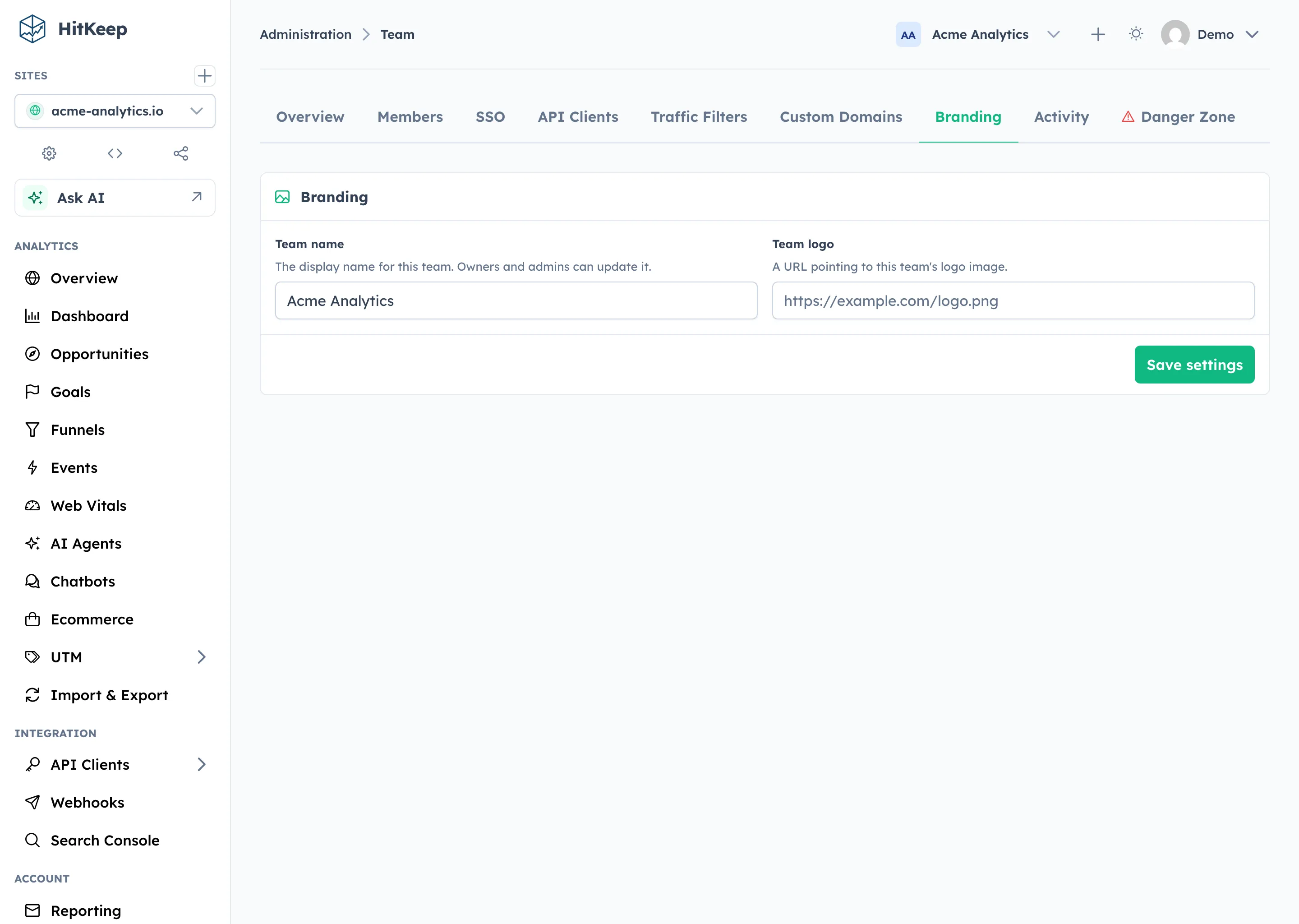 HitKeep team settings tab with team metadata and management controls