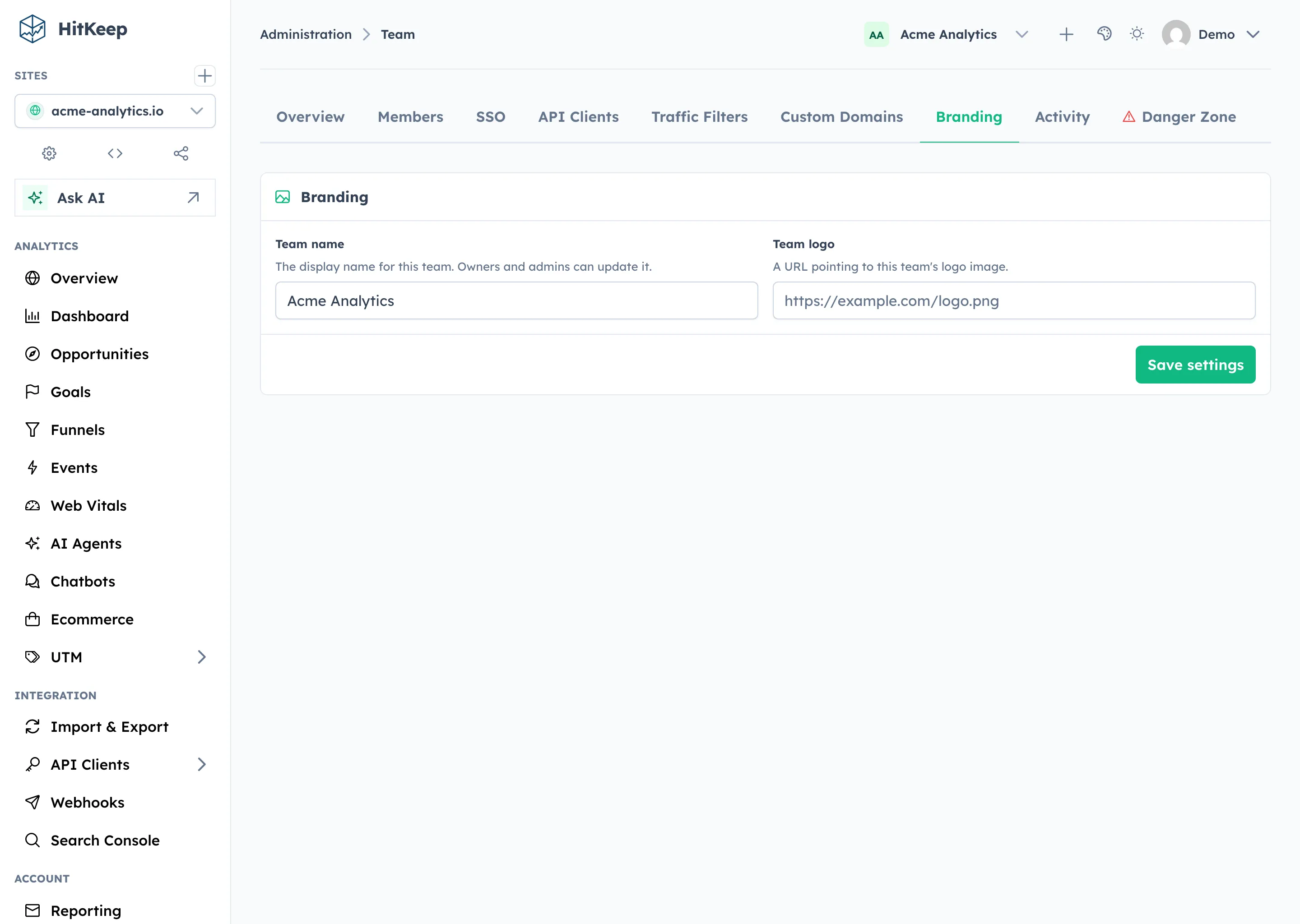 HitKeep team settings tab with team metadata and management controls
