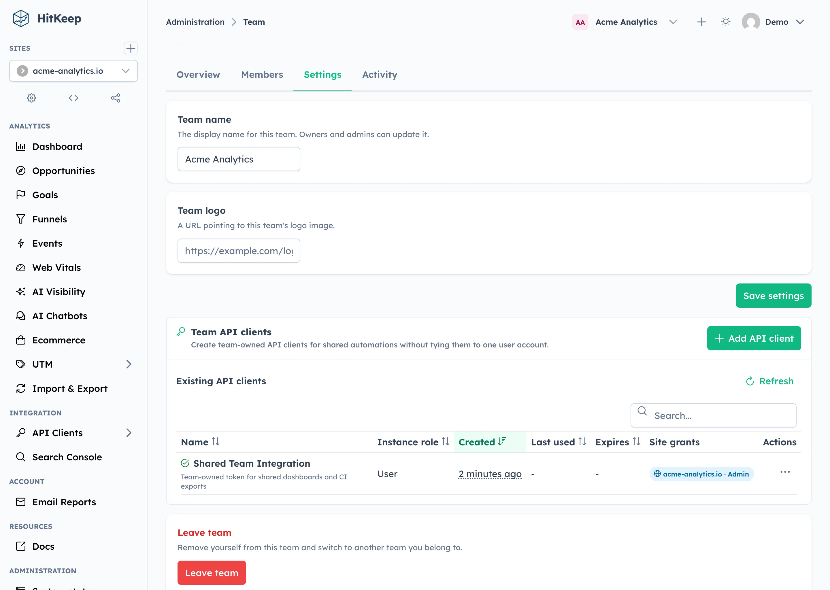 HitKeep team settings tab with team metadata and management controls