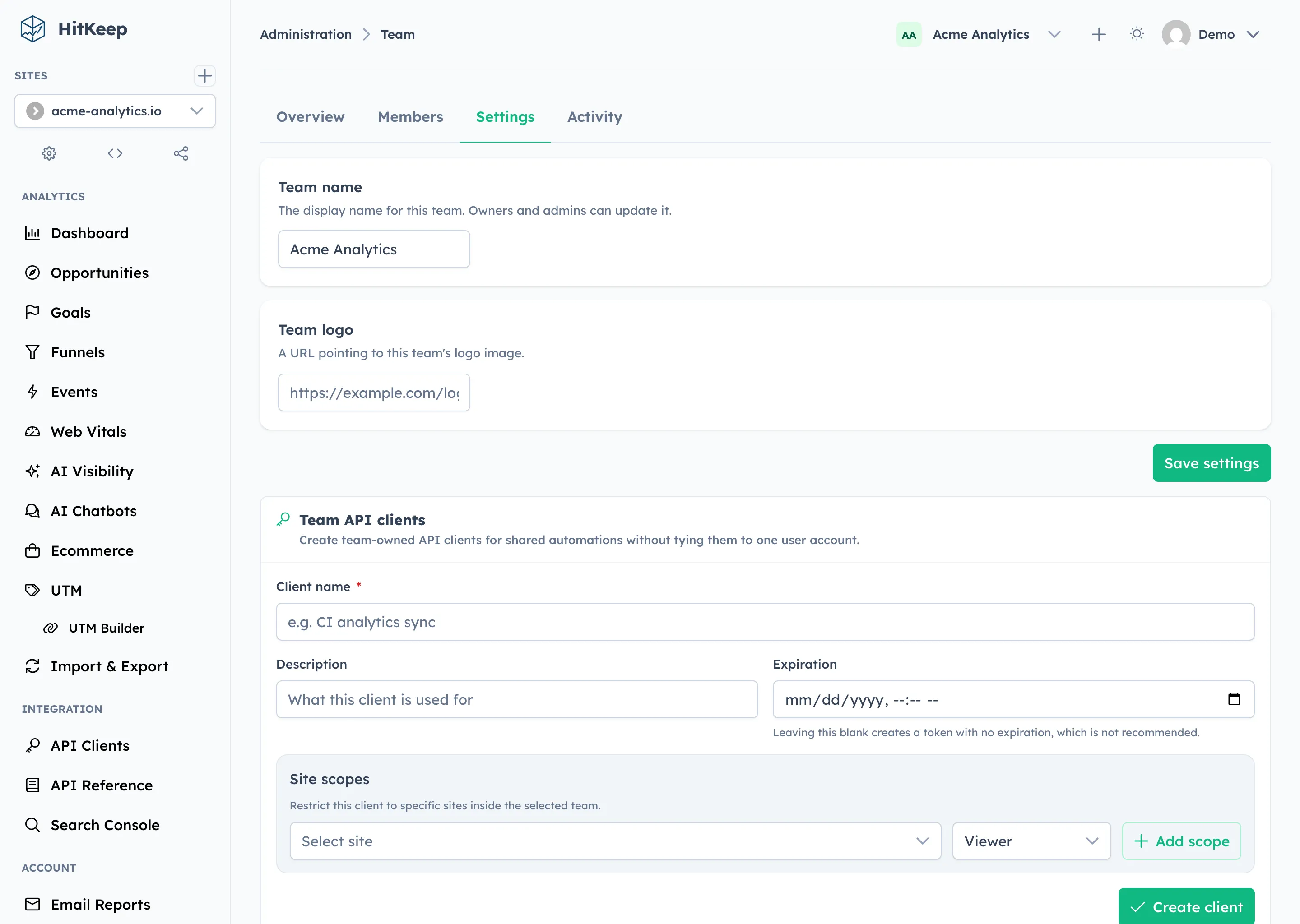 HitKeep team settings tab with team metadata and management controls