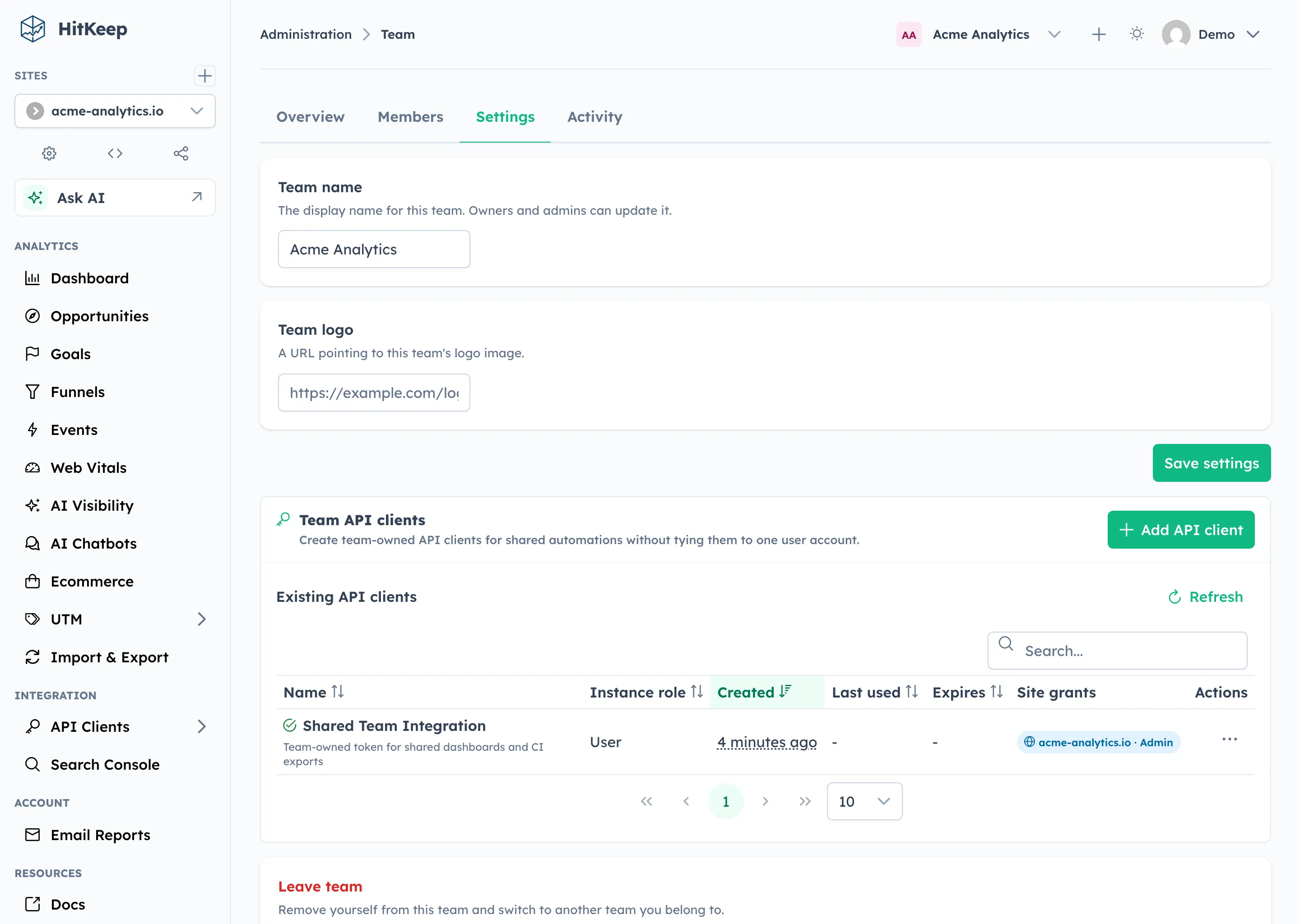 HitKeep team settings tab with team metadata and management controls