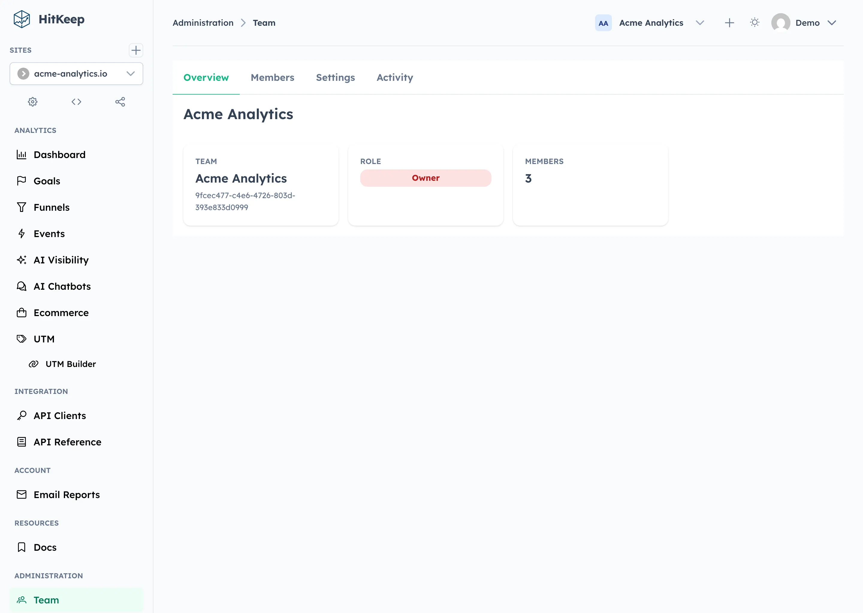 HitKeep team administration overview with plan, usage, and team details