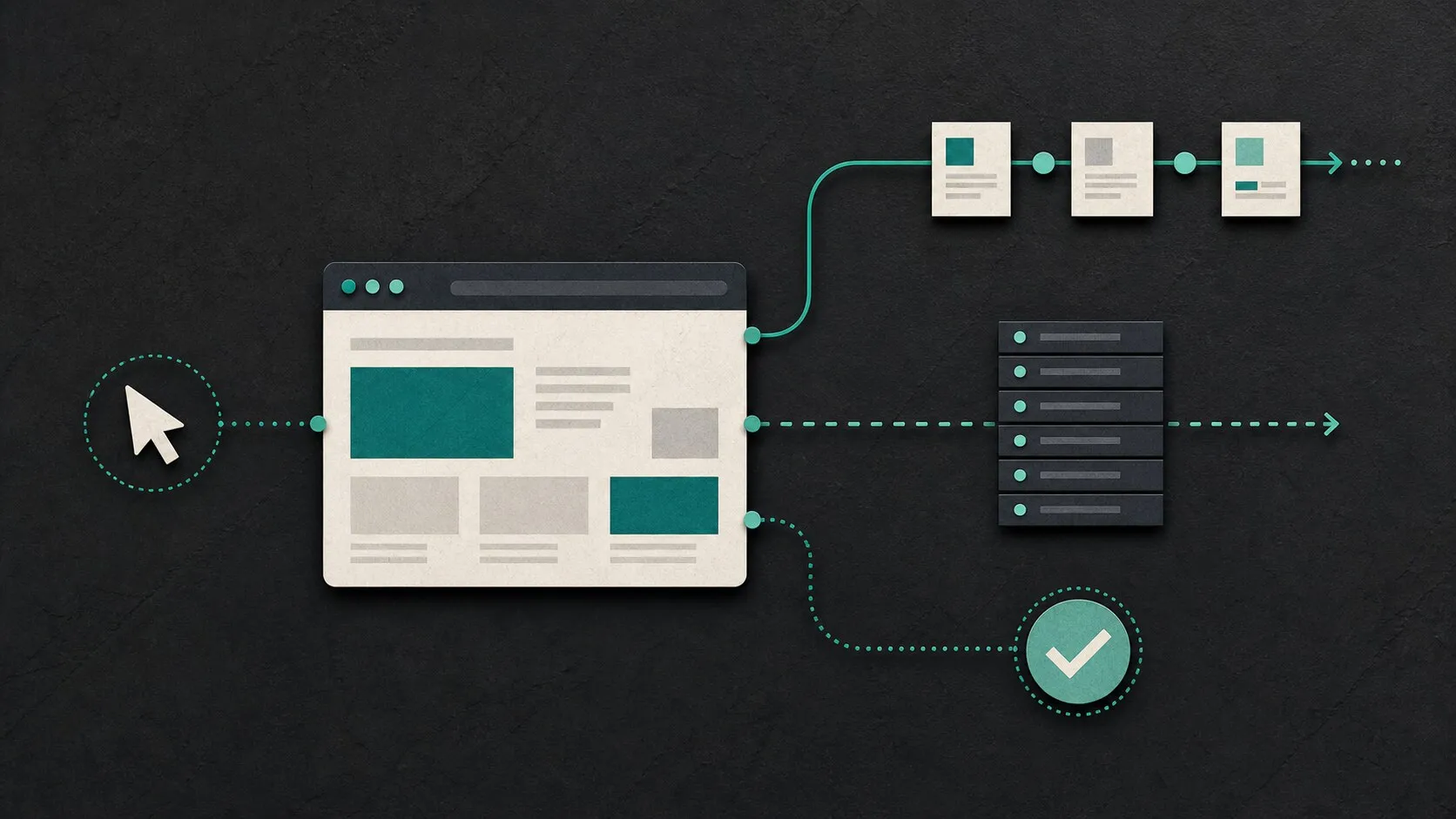 Editorial illustration of a browser separating rendered page activity, server logs, and a completed conversion into three analytics signals