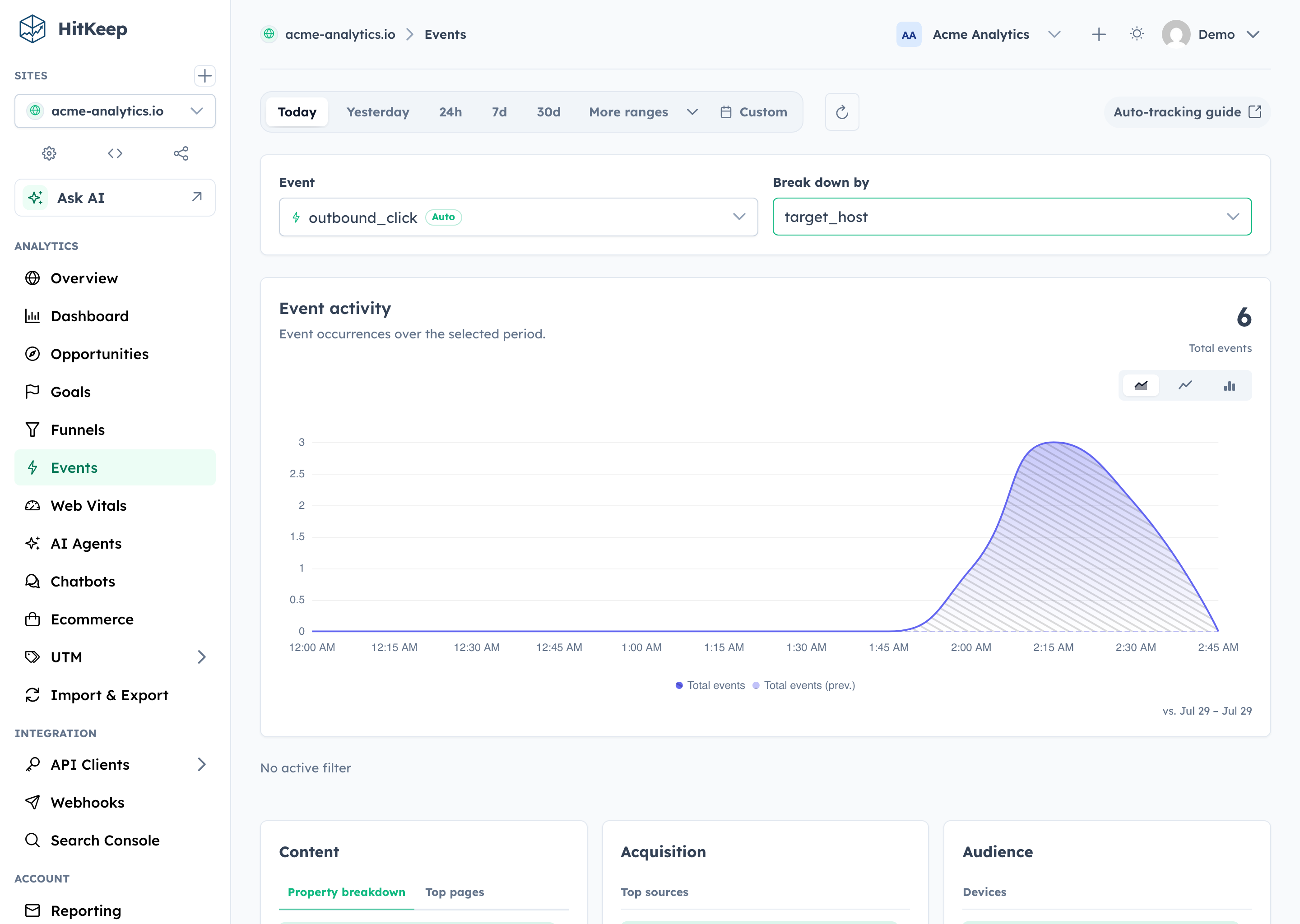 Events page showing automatic event breakdowns