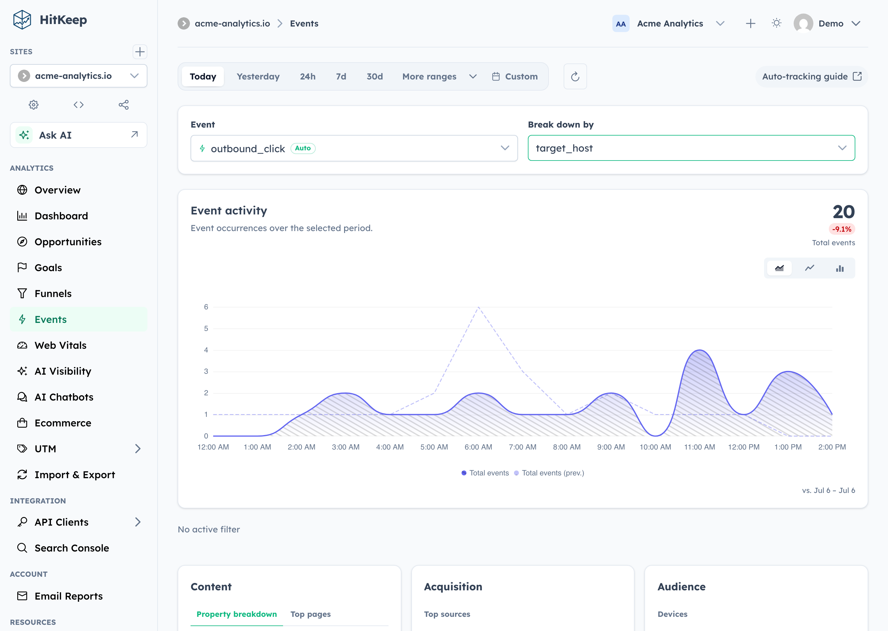 Events page showing automatic event breakdowns