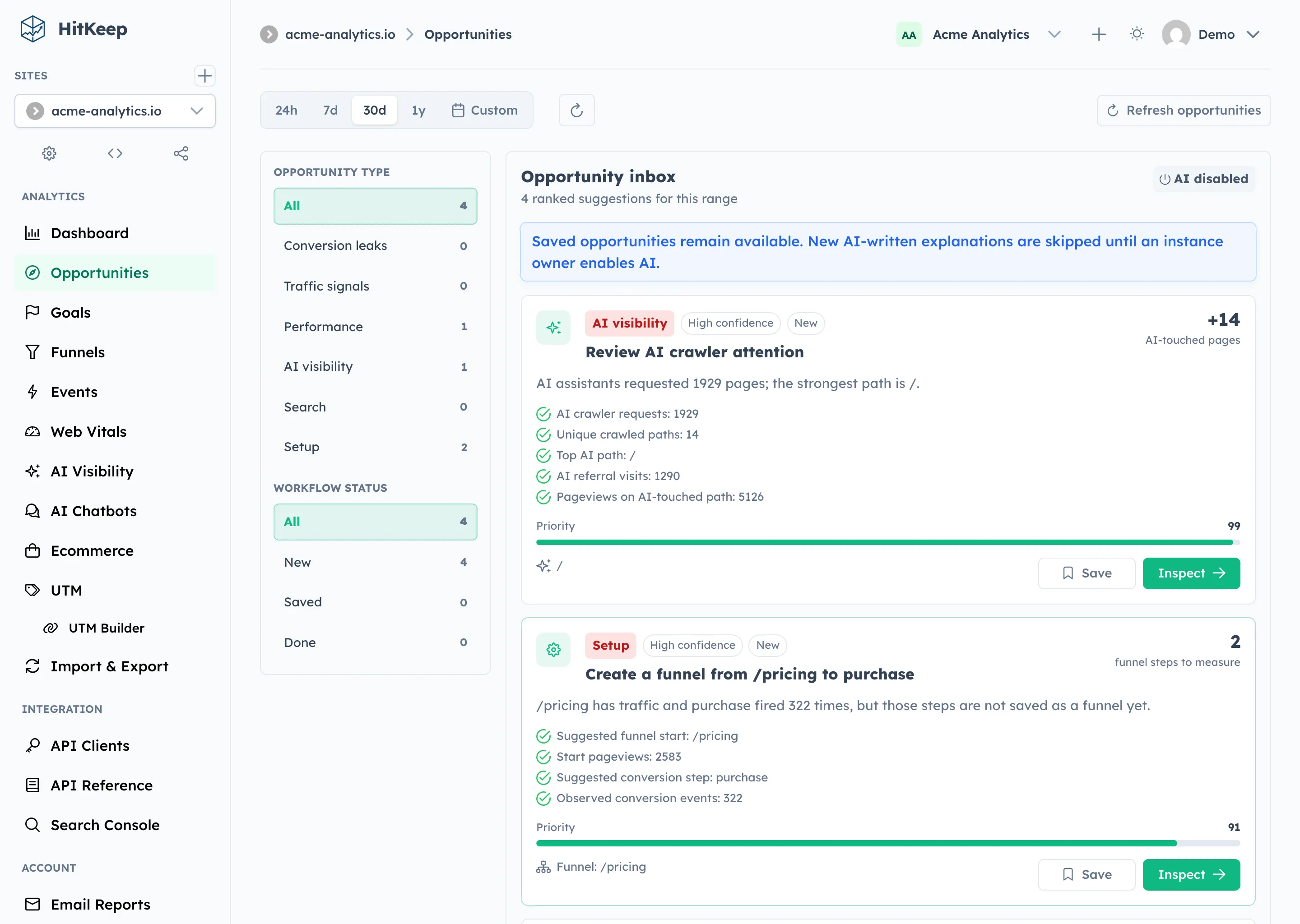 HitKeep Opportunities page showing prioritized recommendation cards with evidence, status filters, and a selected recommendation detail drawer