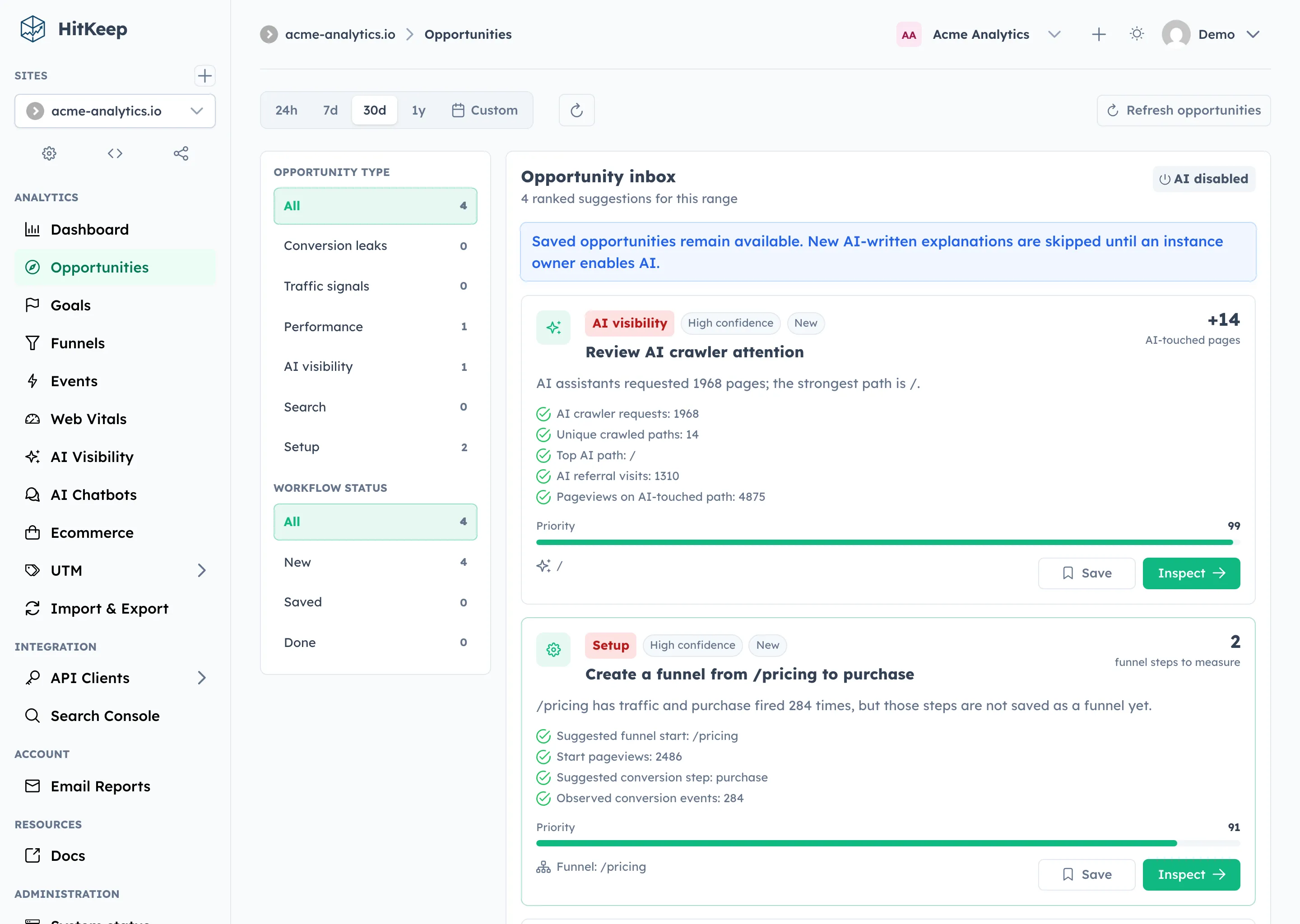 HitKeep Opportunities page showing prioritized recommendation cards with evidence, status filters, and a selected recommendation detail drawer