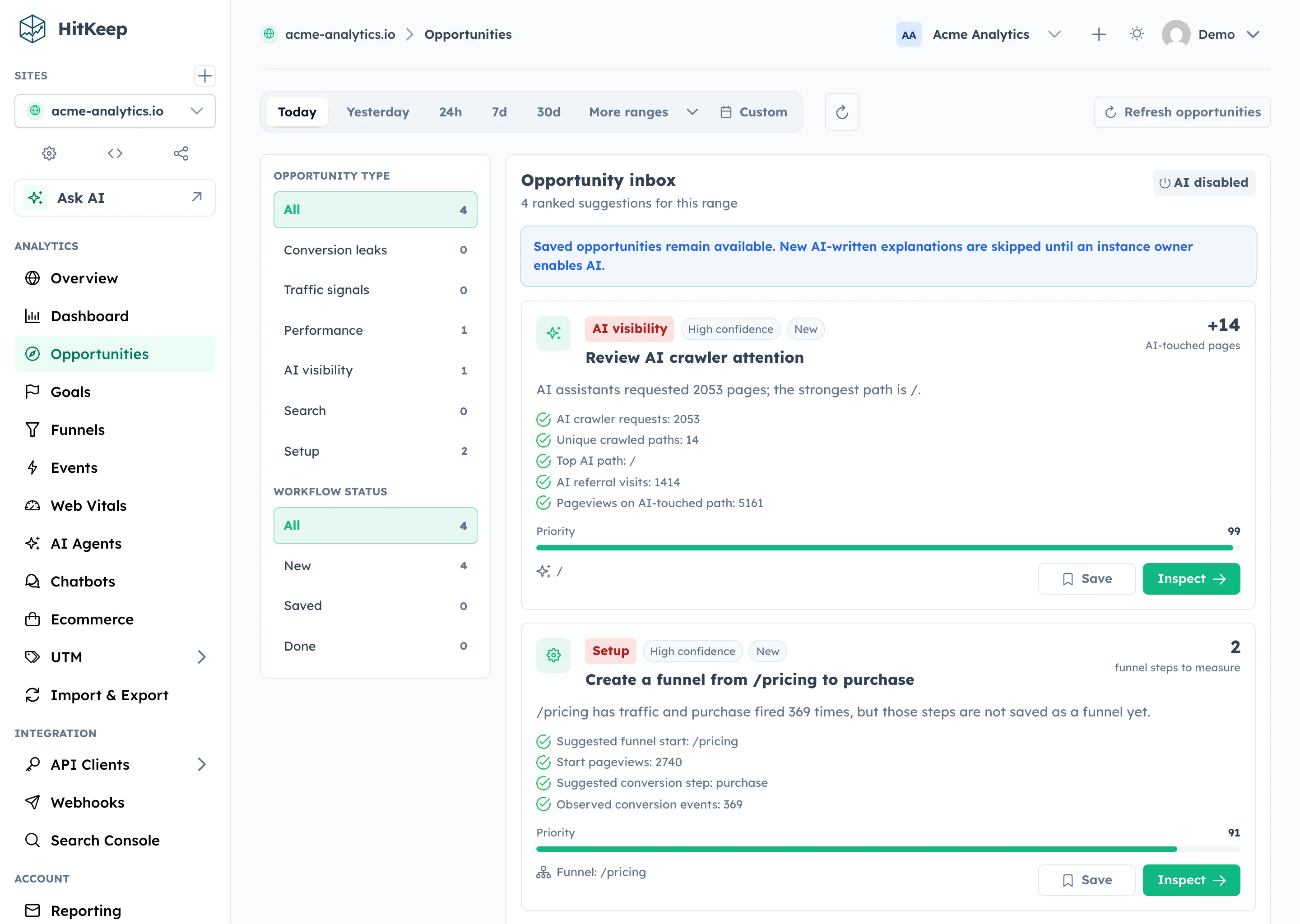 HitKeep Opportunities page showing prioritized recommendation cards with evidence, status filters, and a selected recommendation detail drawer