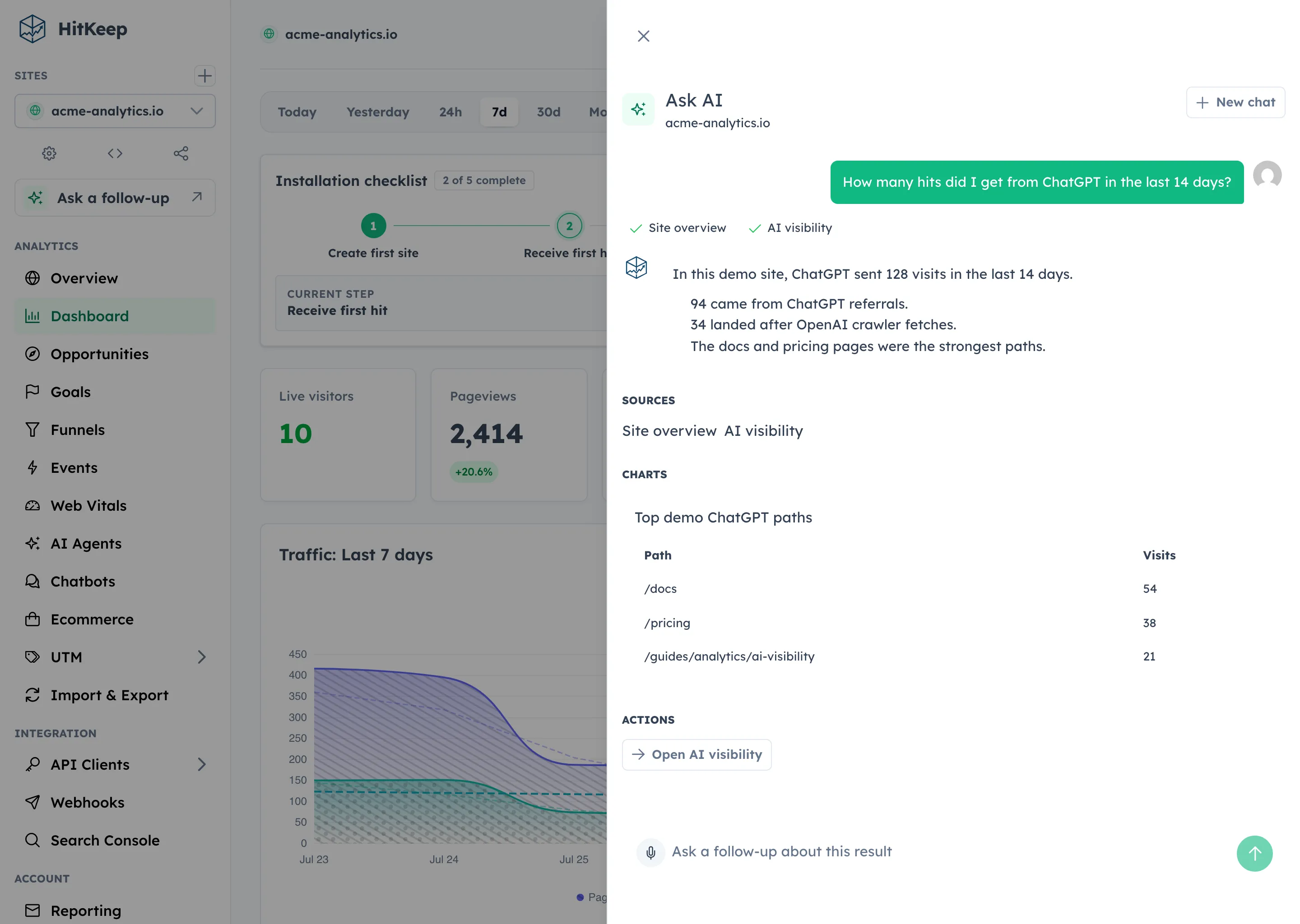 HitKeep Ask AI answer with cited analytics evidence and a compact chart