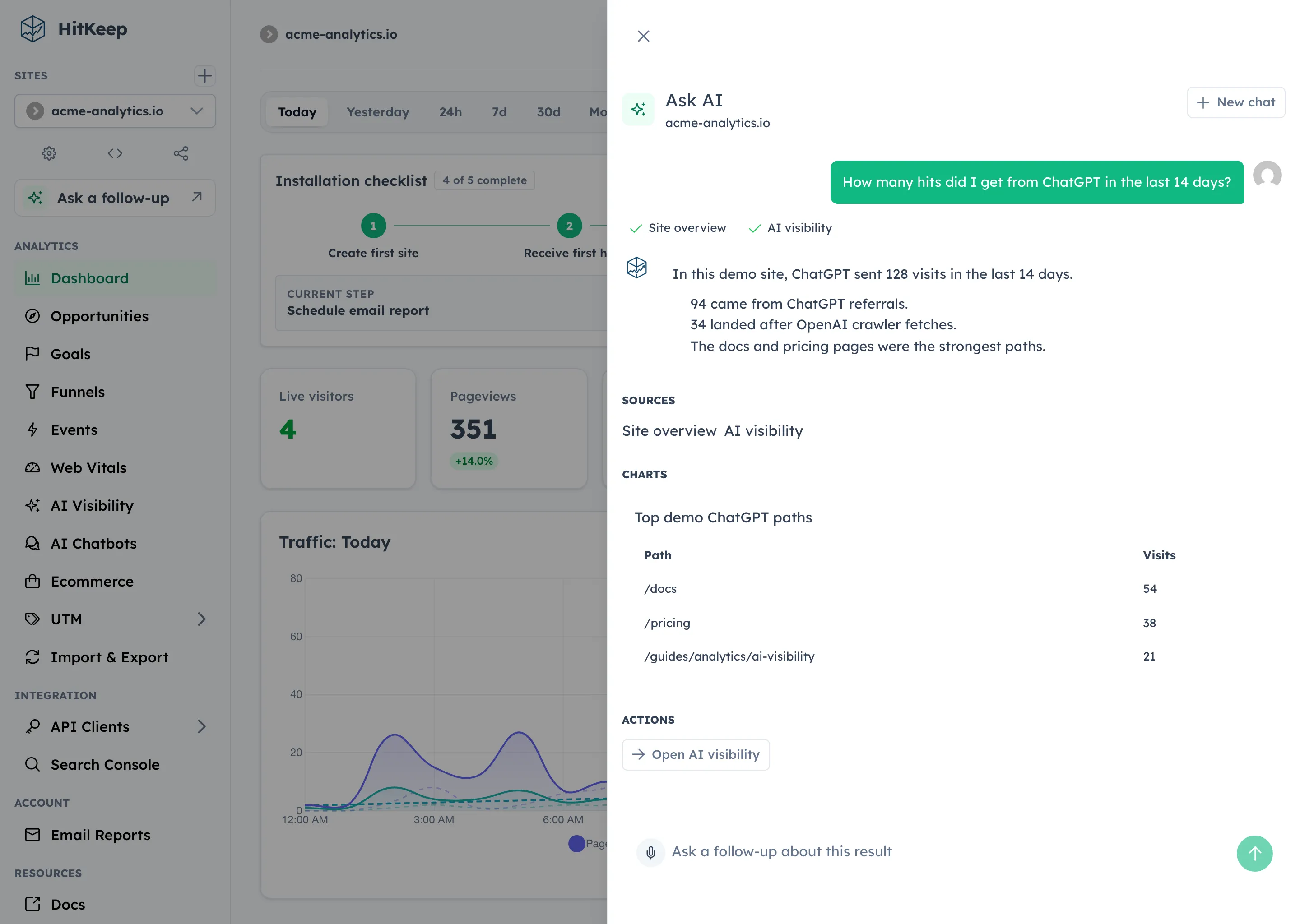 HitKeep Ask AI demo answer showing a user question, completed analytics tool chips, answer text, citations, a table, and a safe dashboard action