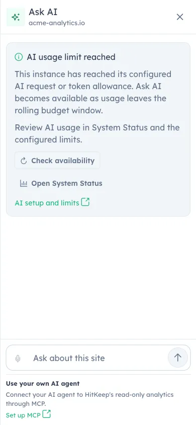 Self-hosted Ask AI budget notice in the mobile drawer with operator actions and a disabled prompt
