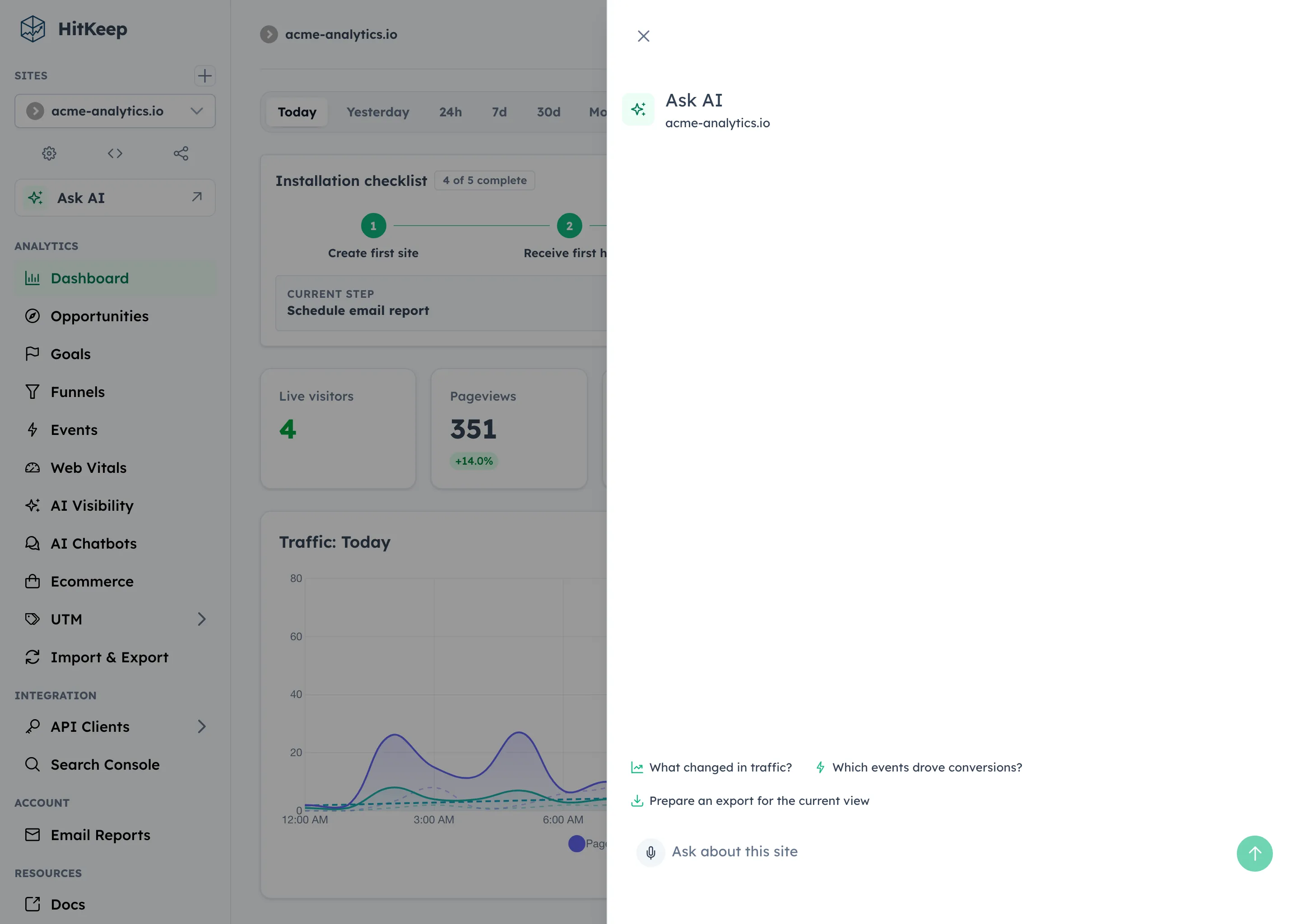 HitKeep Ask AI drawer opened on a dashboard site with suggested prompt pills above the chat input