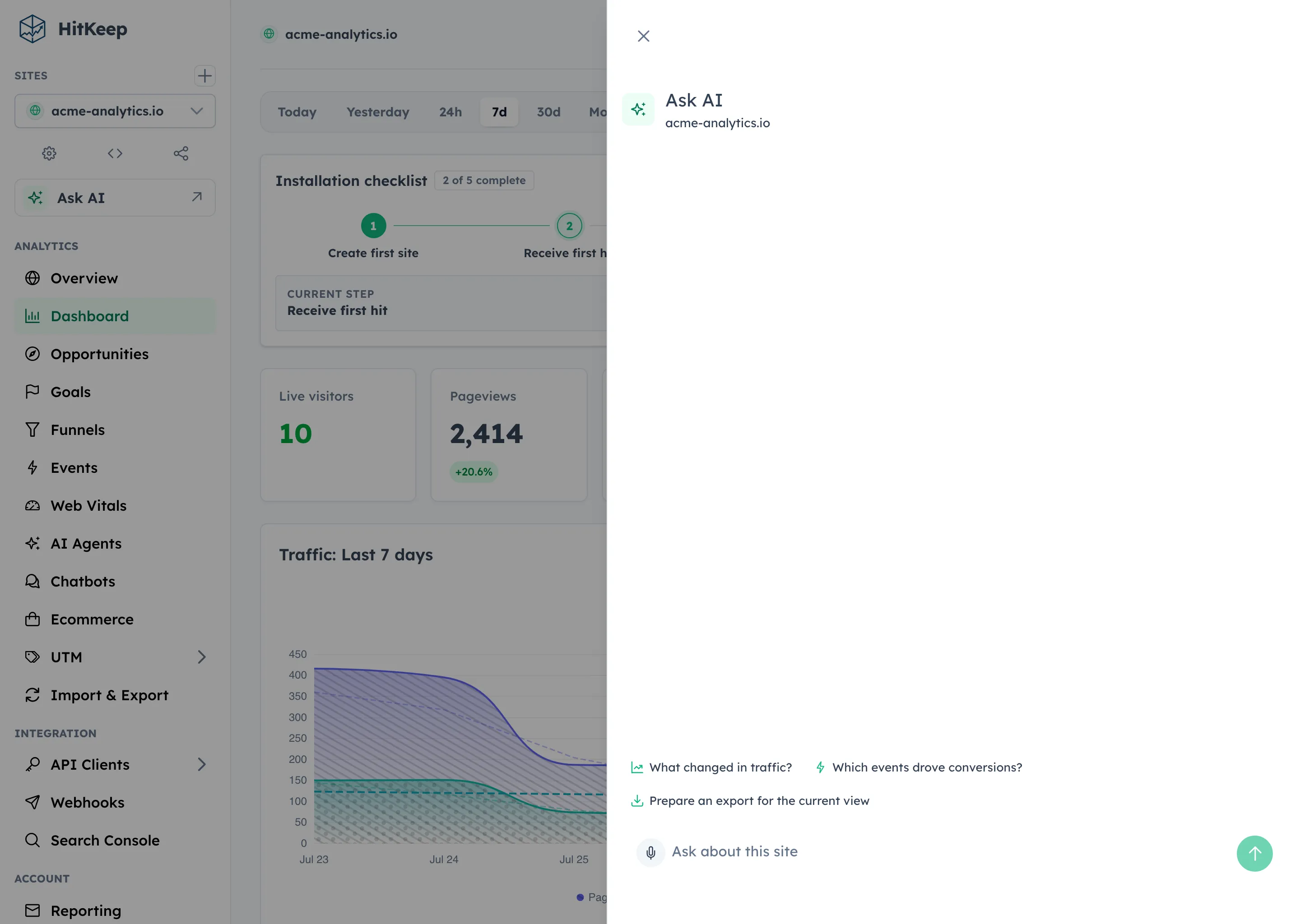 HitKeep Ask AI drawer opened on a dashboard site with suggested prompt pills above the chat input