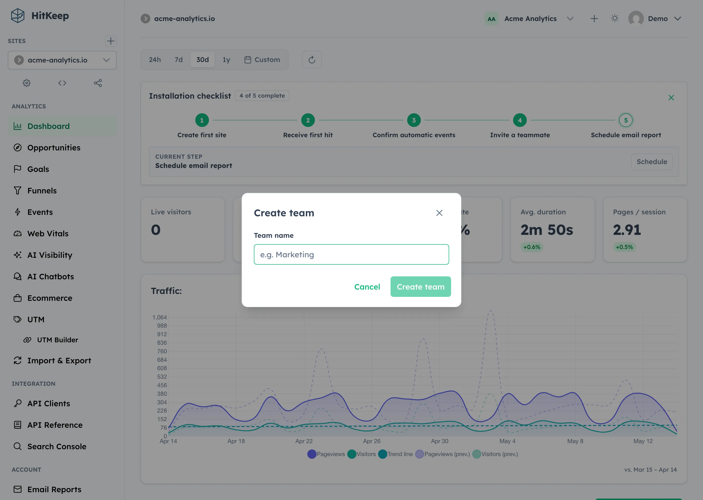 HitKeep create team dialog with name and logo fields