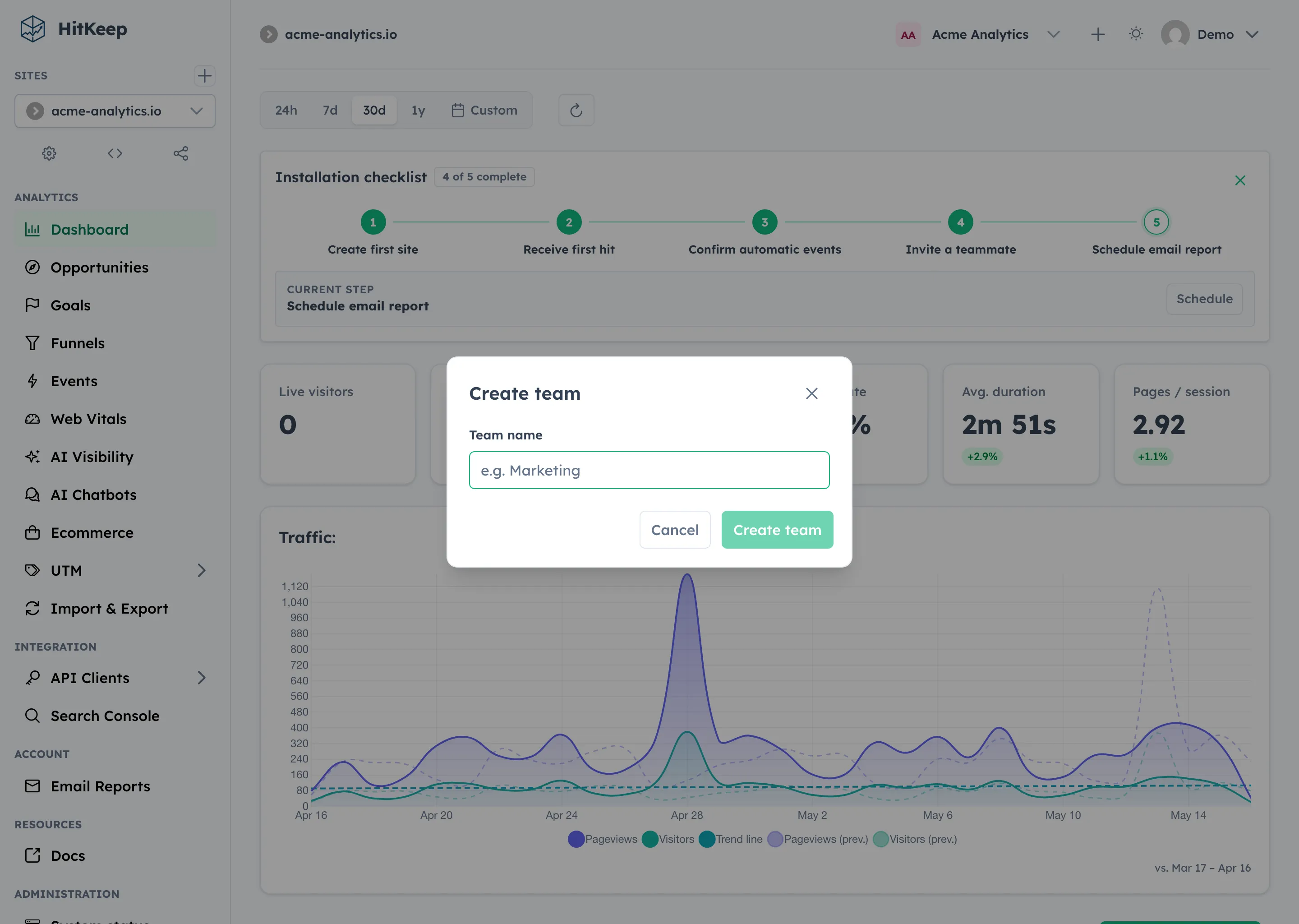 HitKeep create team dialog with name and logo fields