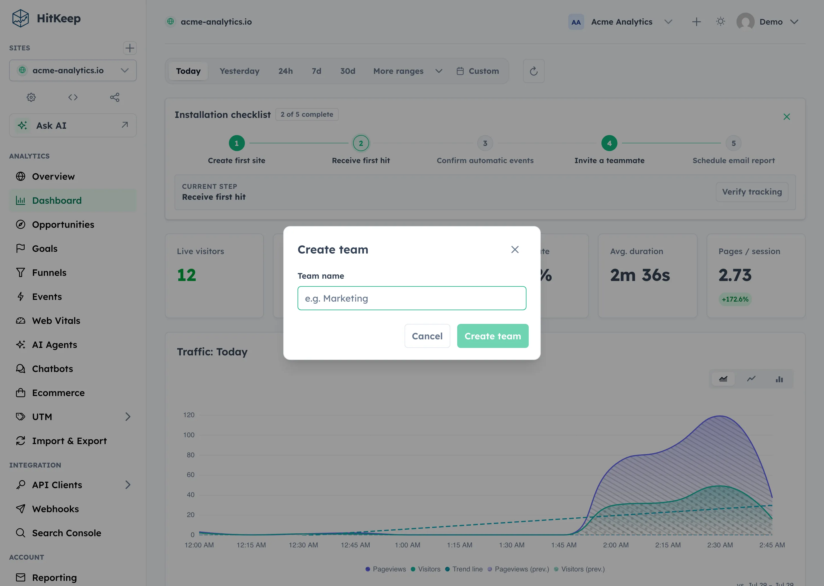 HitKeep create team dialog with name and logo fields
