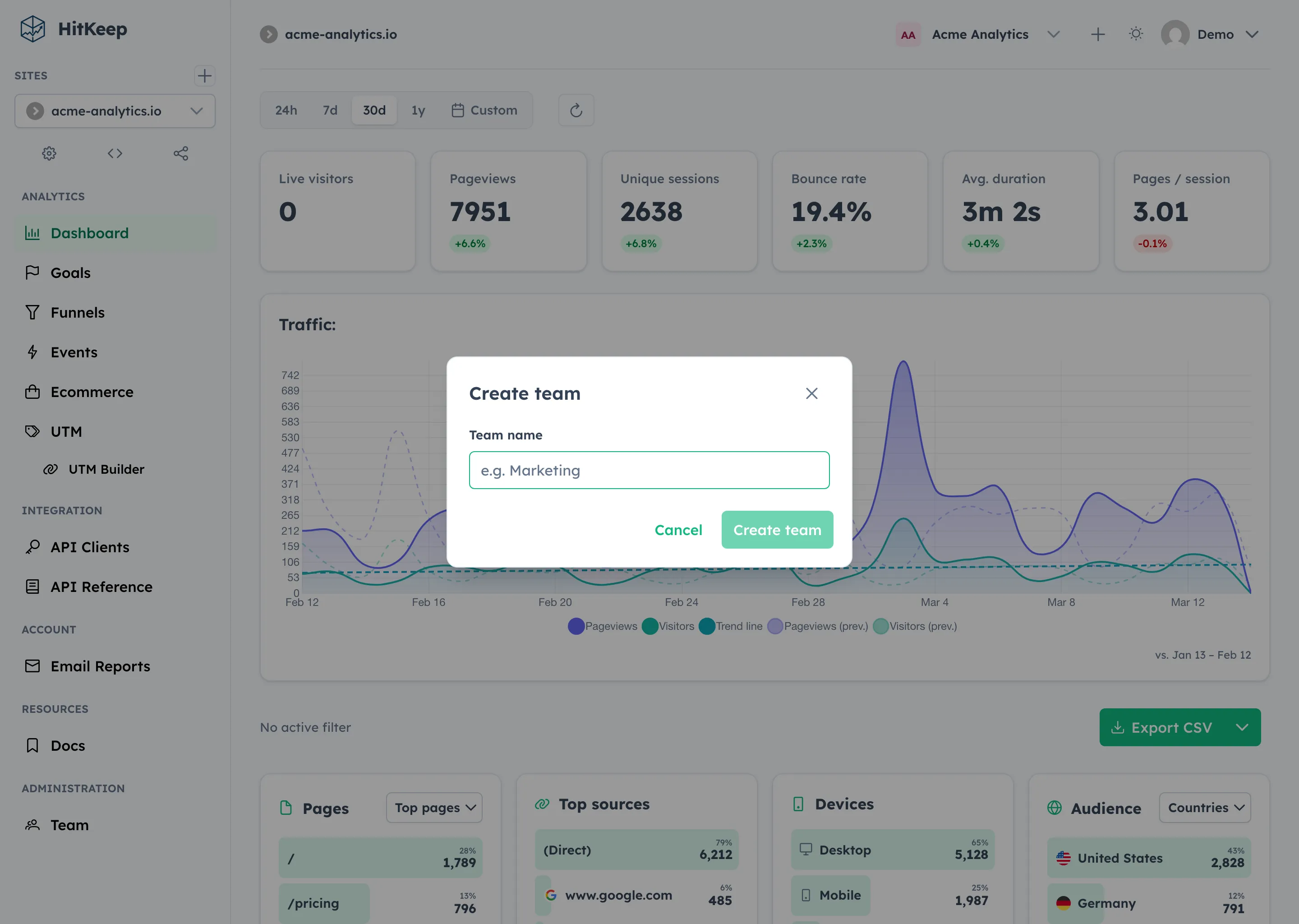 HitKeep create team dialog with name and logo fields