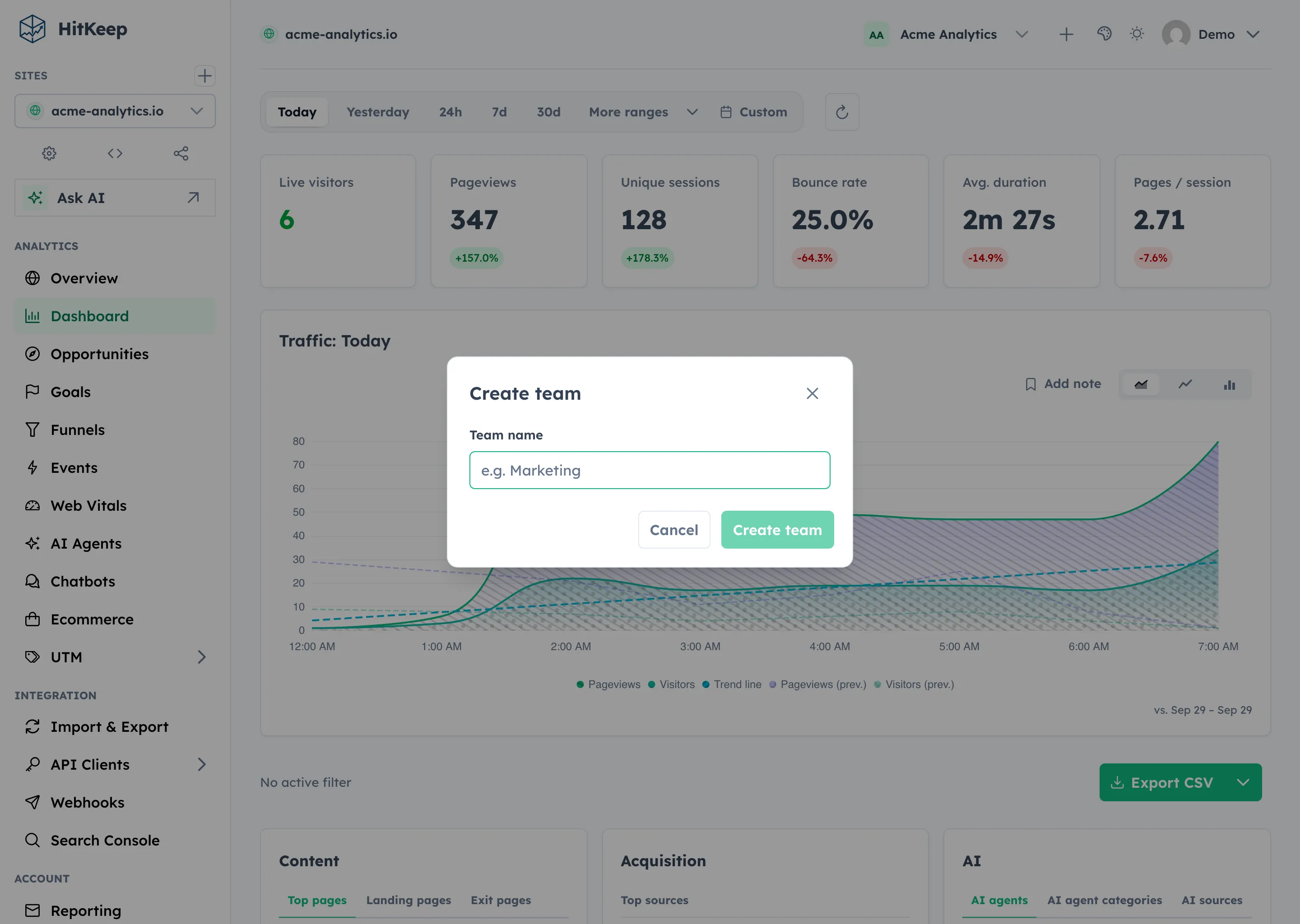HitKeep create team dialog with name and logo fields