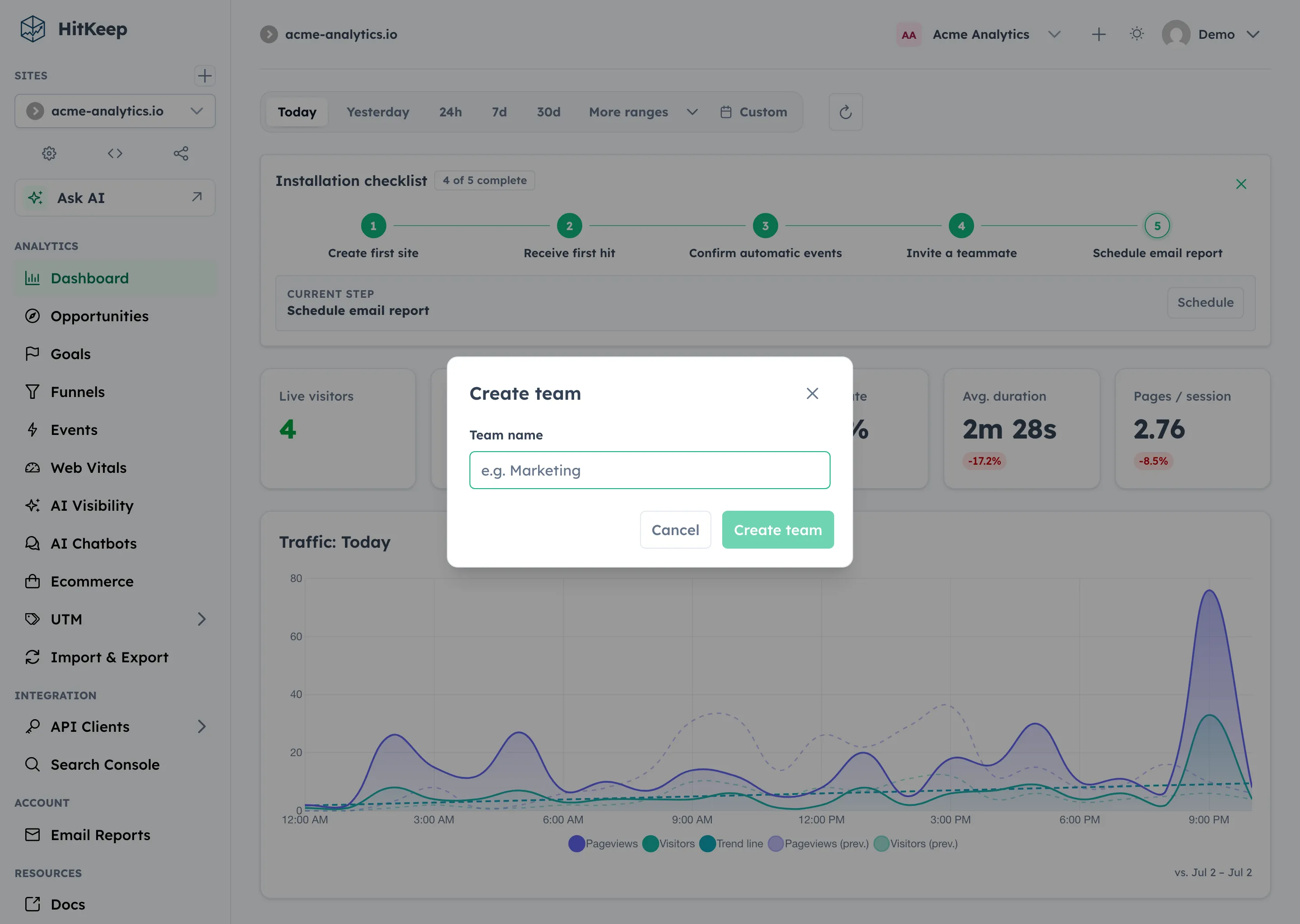 HitKeep create team dialog with name and logo fields