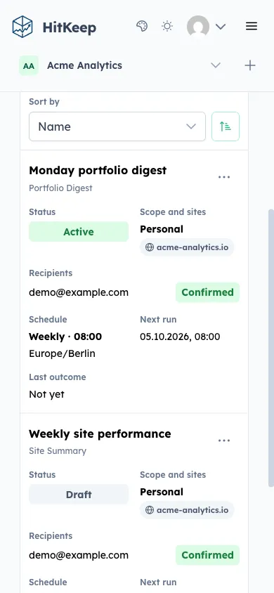 HitKeep Reporting page on mobile with search, sorting, report status, scope, recipients, schedule, and next run