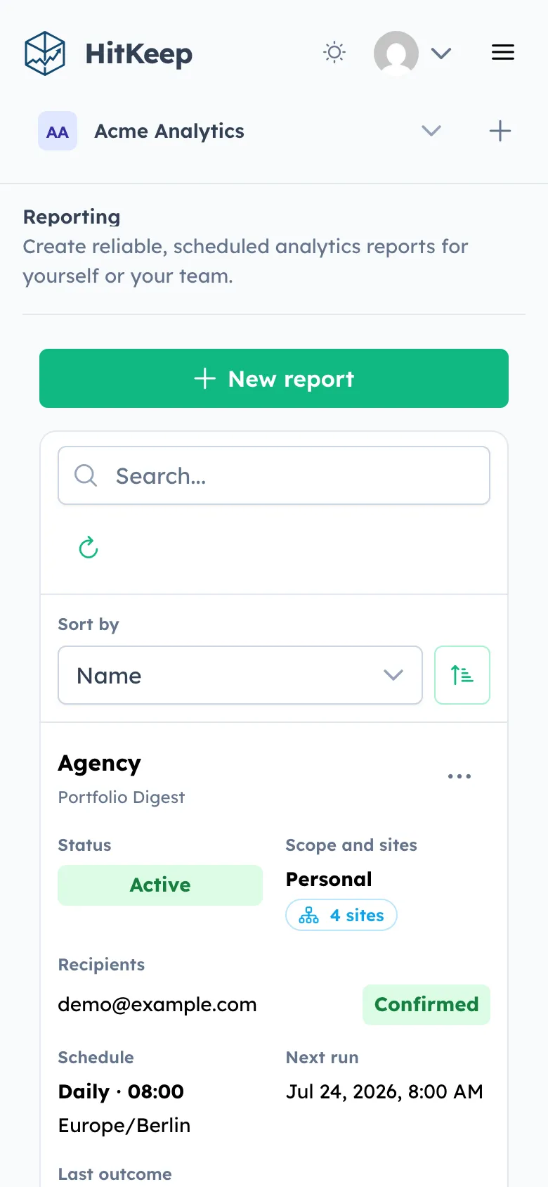 HitKeep 2.13 Reporting page on mobile with search, sorting, report status, scope, recipients, schedule, next run, and row actions