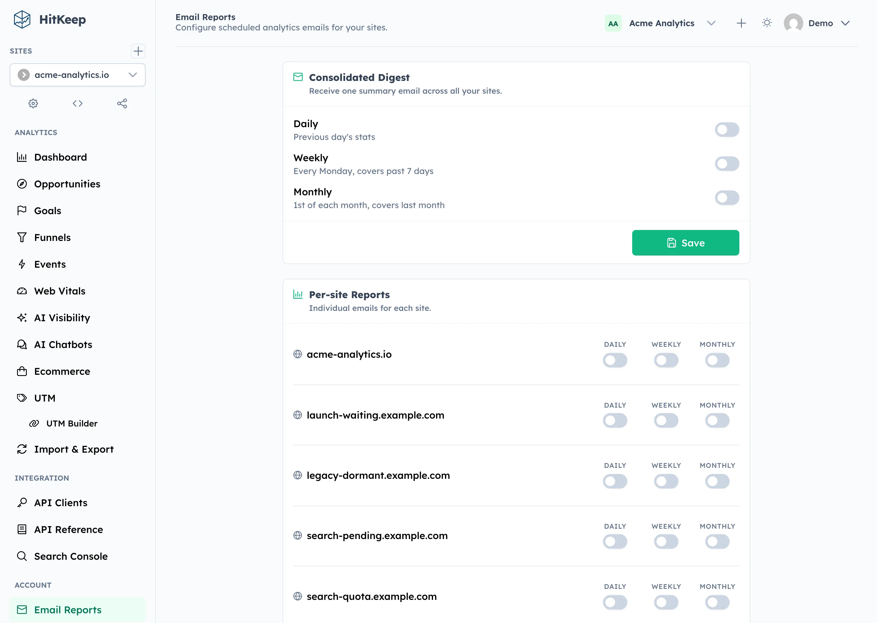 HitKeep email report settings with per-site report and digest configuration