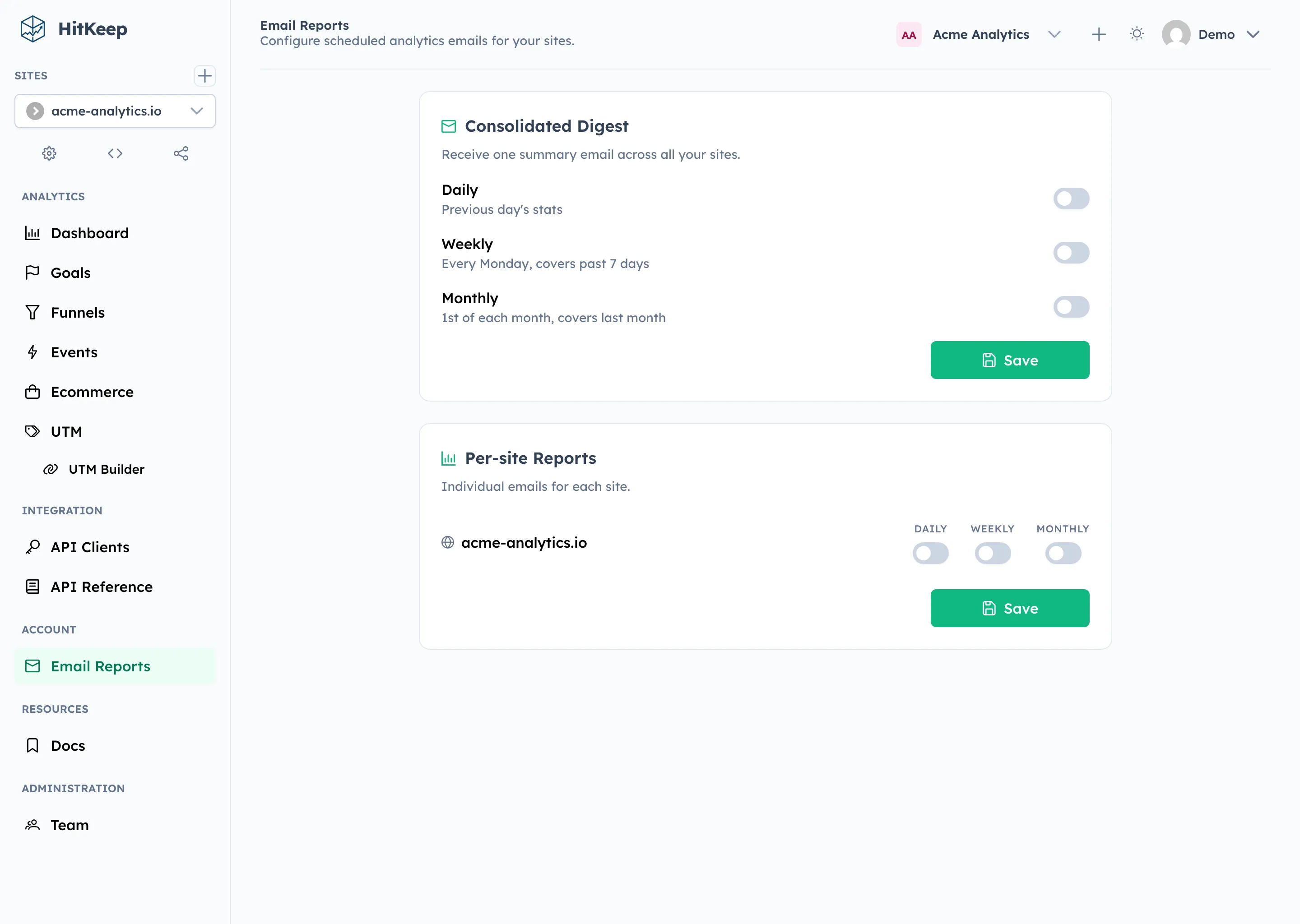 HitKeep email report settings with per-site report and digest configuration