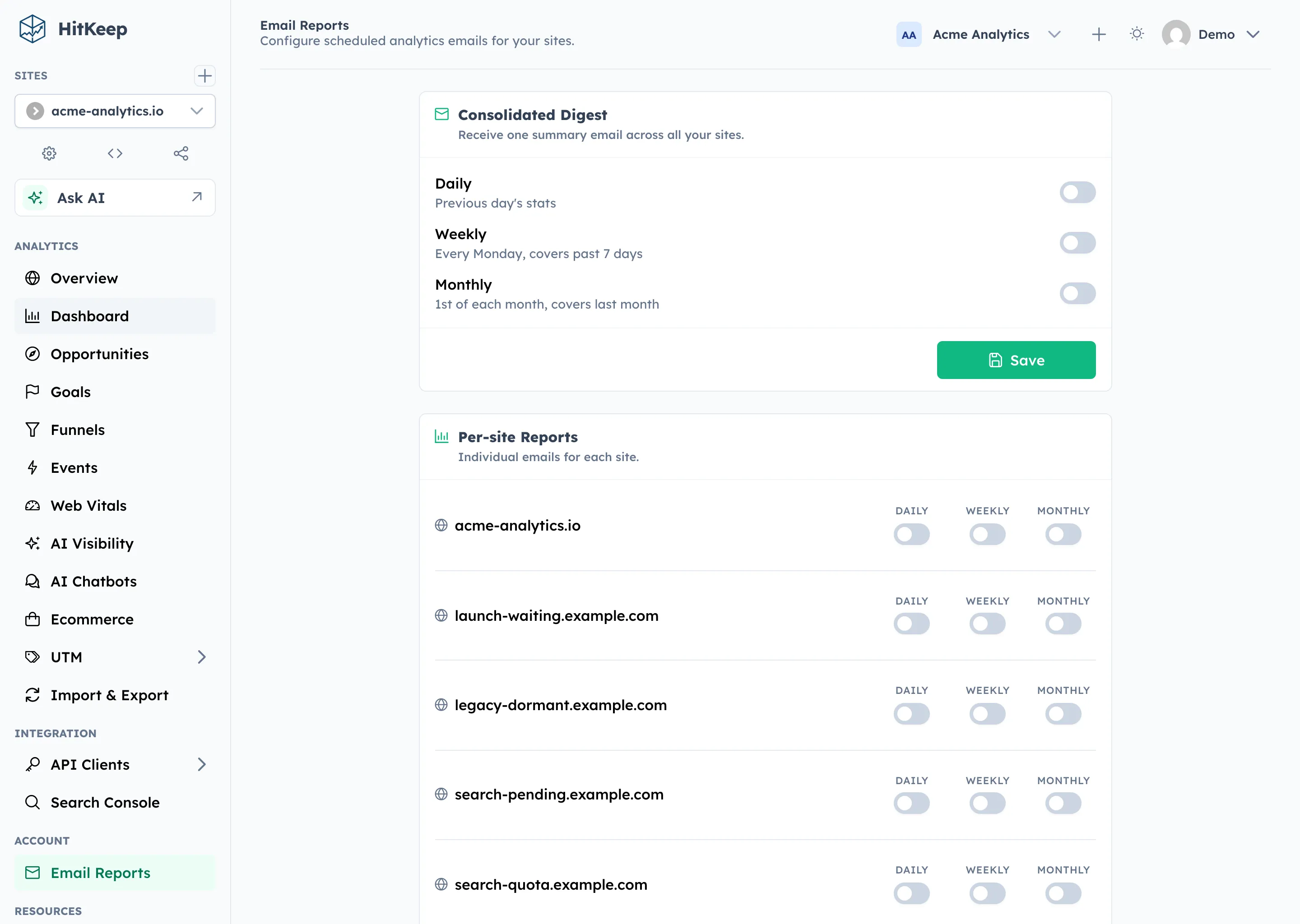 HitKeep email reports with weekly digest and per-site notifications