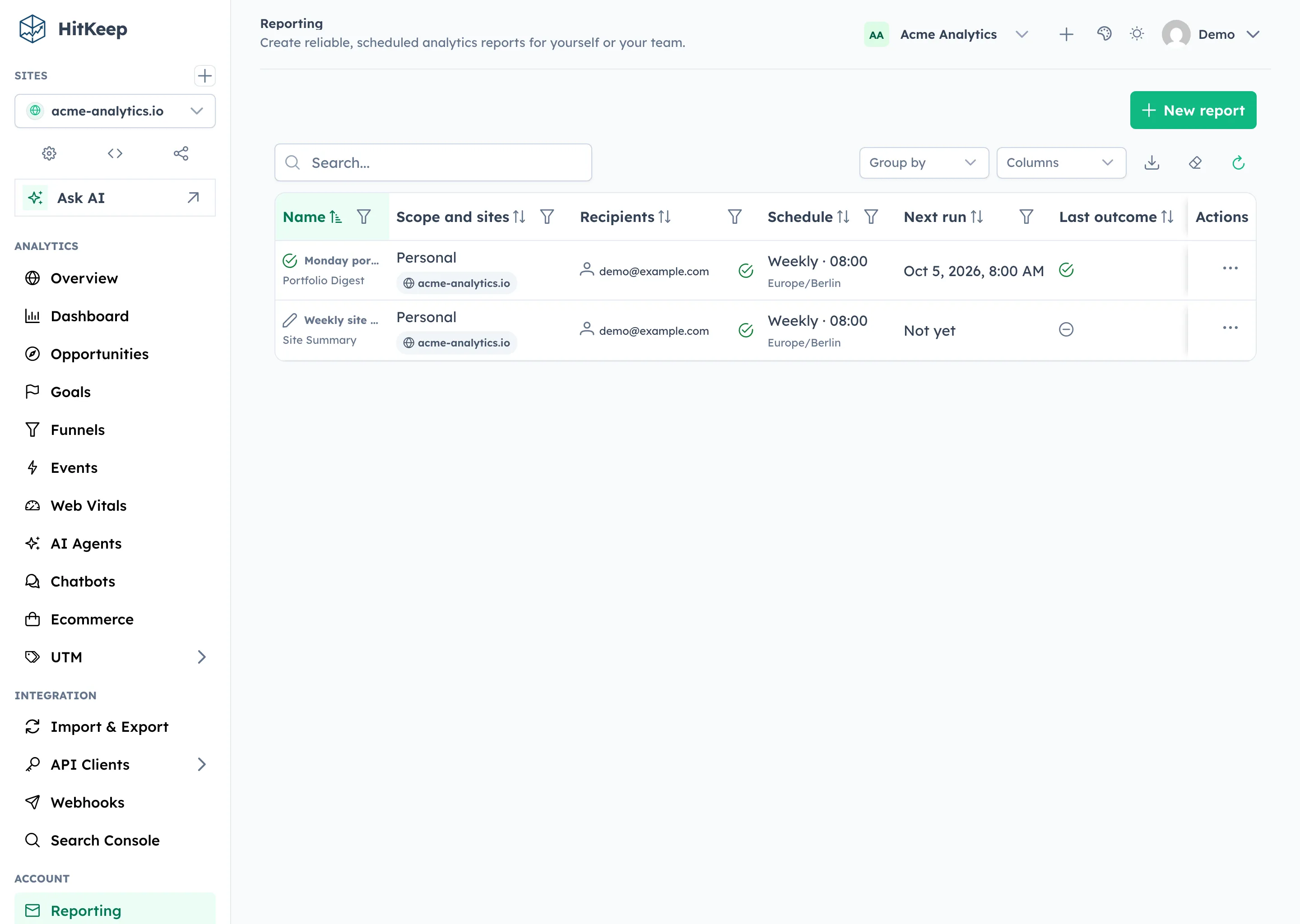 HitKeep scheduled email report settings for a website analytics digest