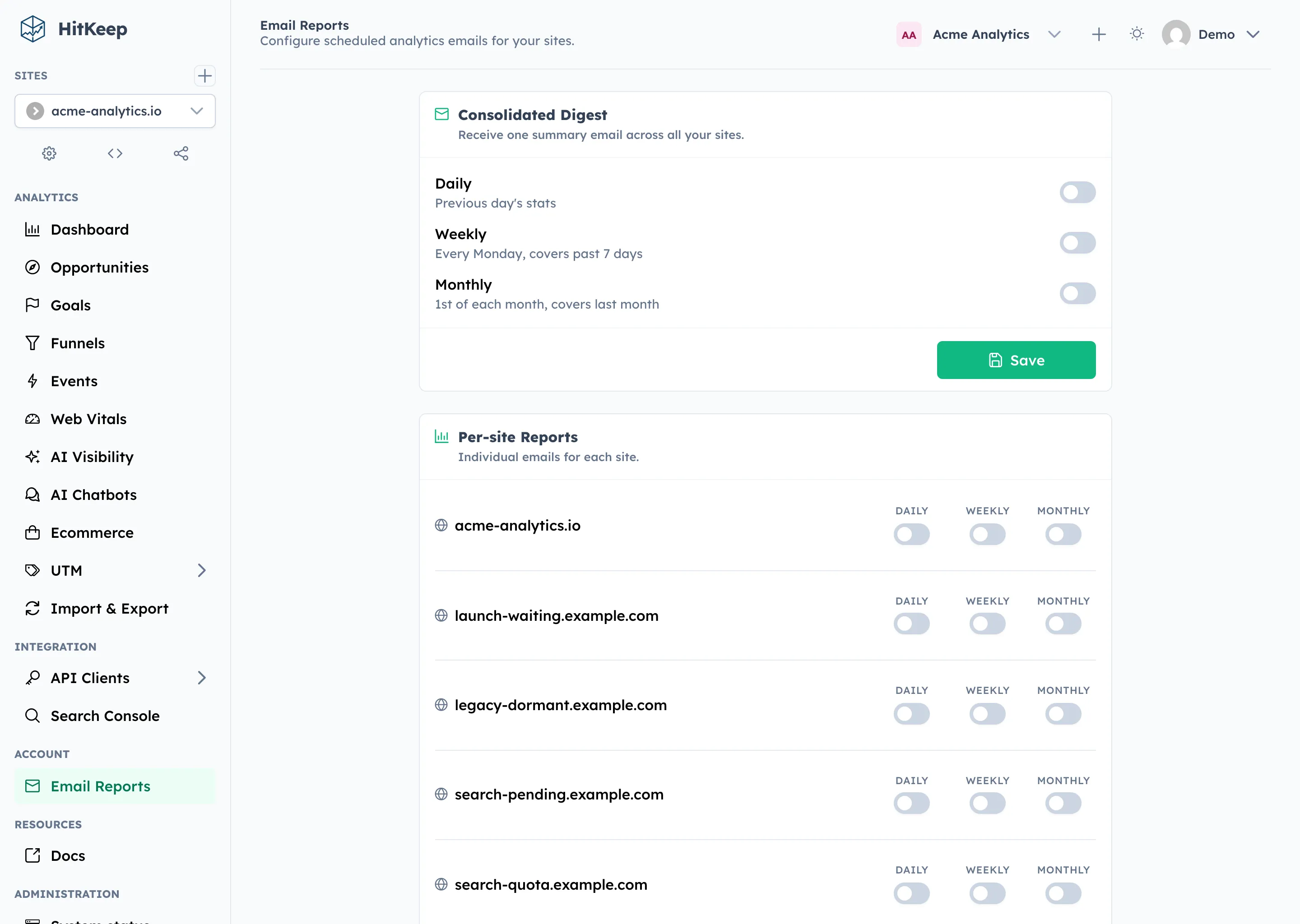 HitKeep notifications settings with email report subscriptions