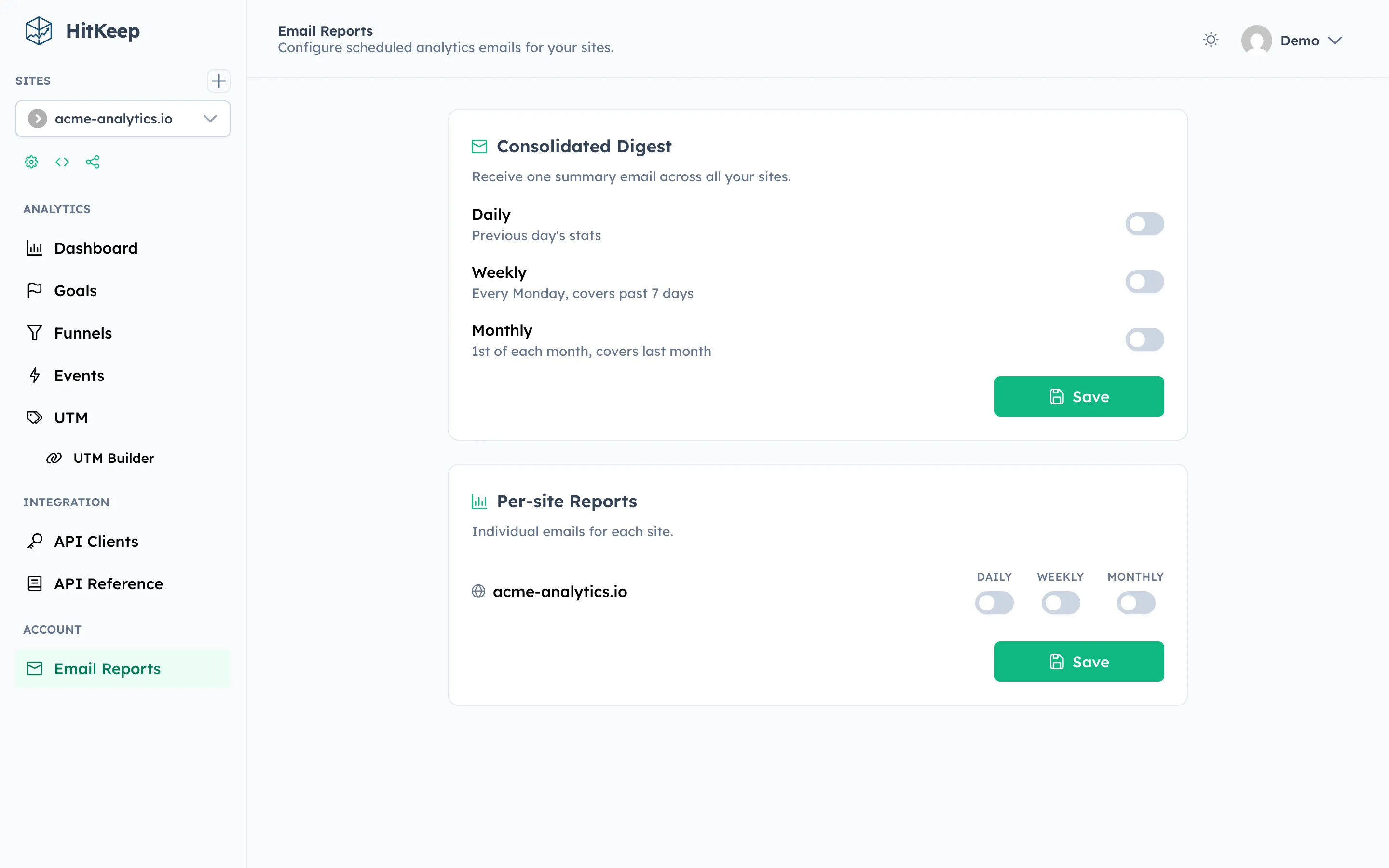 HitKeep email reports — weekly digest and per-site notifications