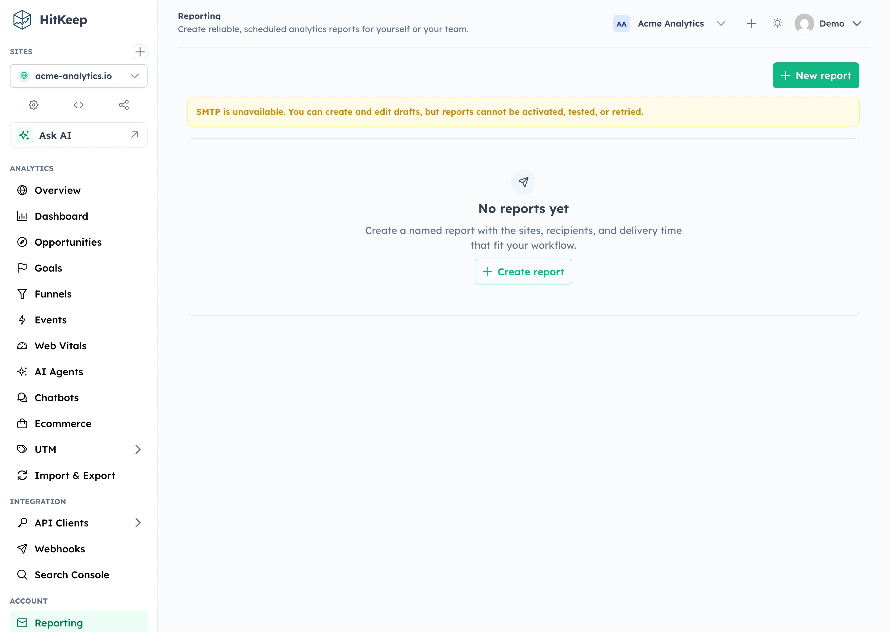 HitKeep scheduled email report settings for a website analytics digest