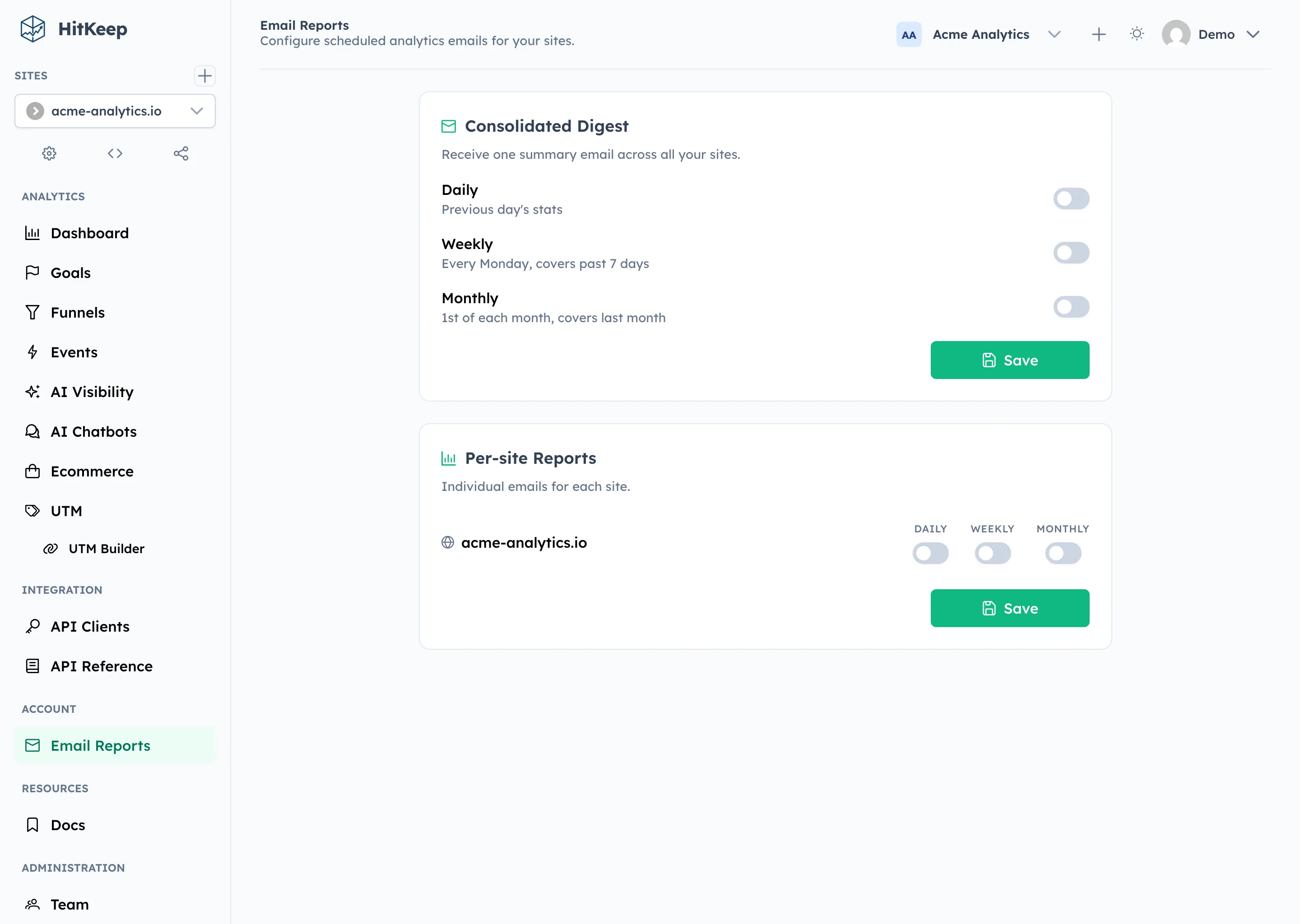 HitKeep email reports — weekly digest and per-site notifications