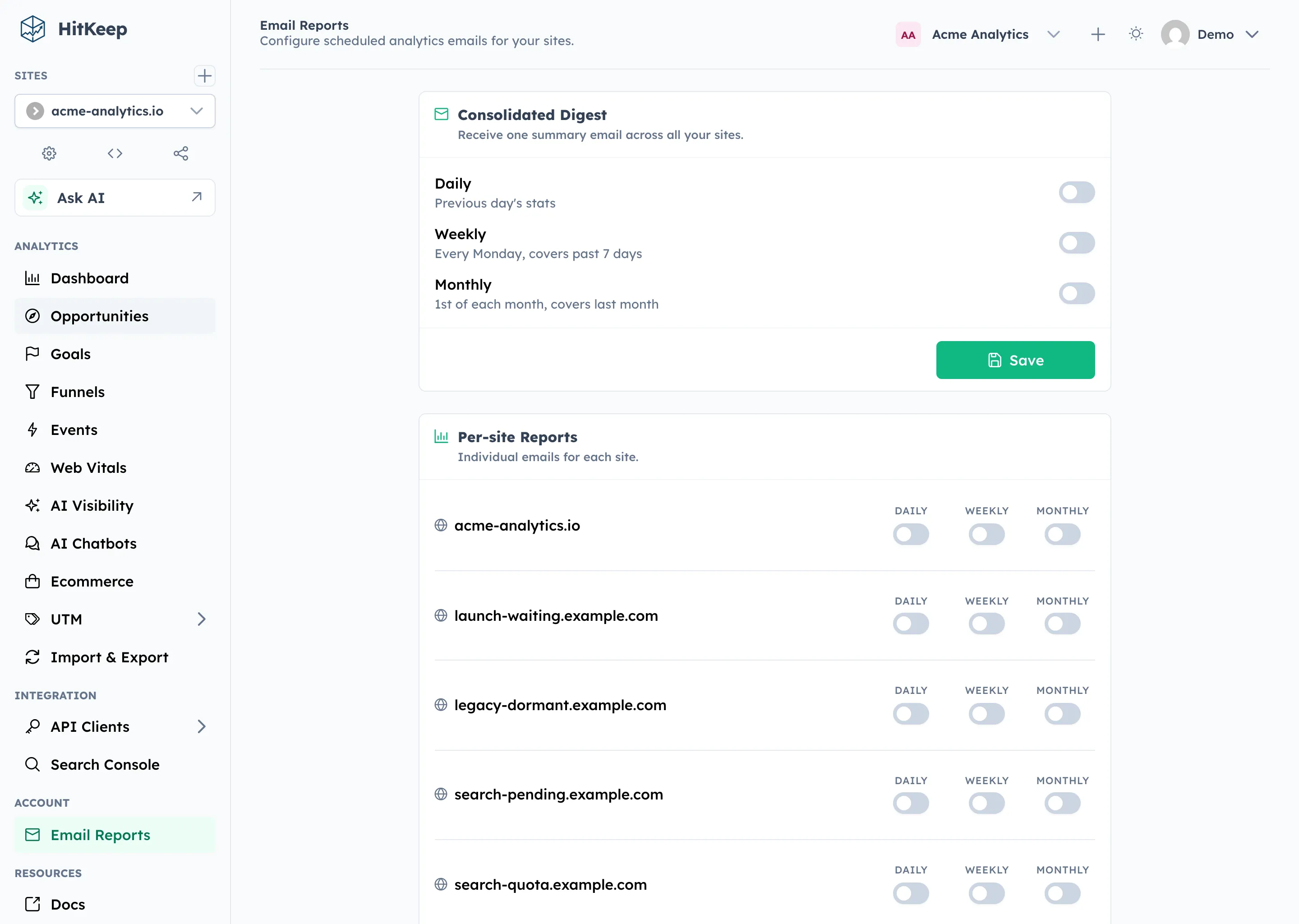 HitKeep email reports with weekly digest and per-site notifications