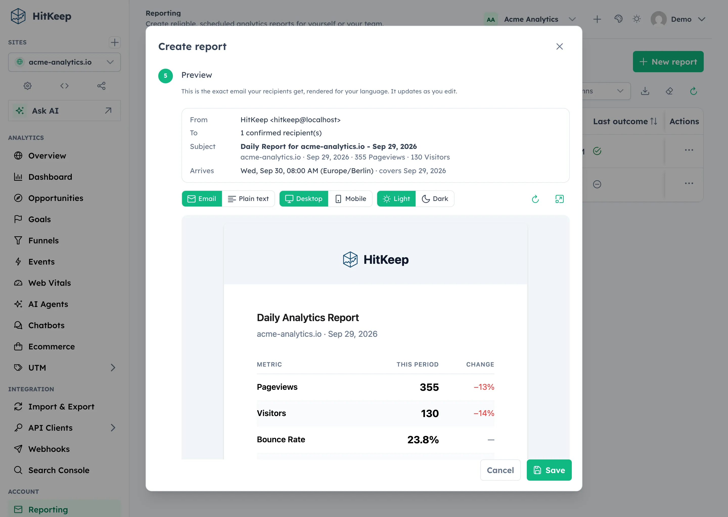 HitKeep report editor preview step showing the envelope with sender, recipients, subject, and arrival time above the rendered daily report email