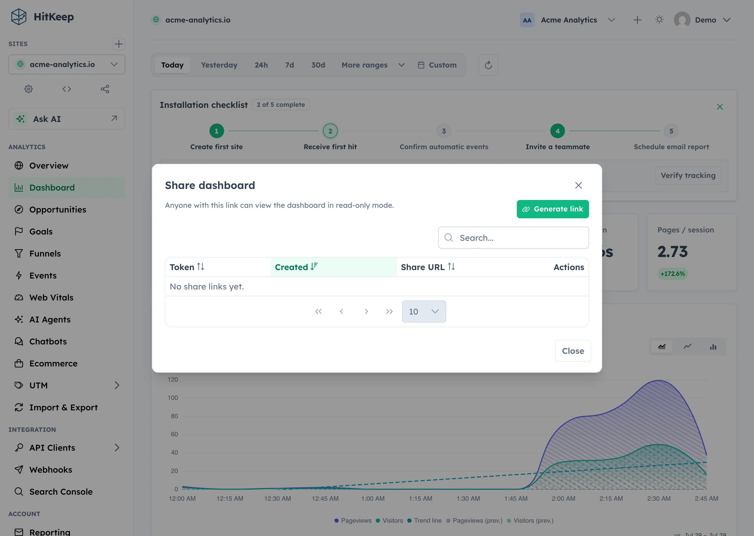 HitKeep share dashboard dialog for generating a read-only analytics link