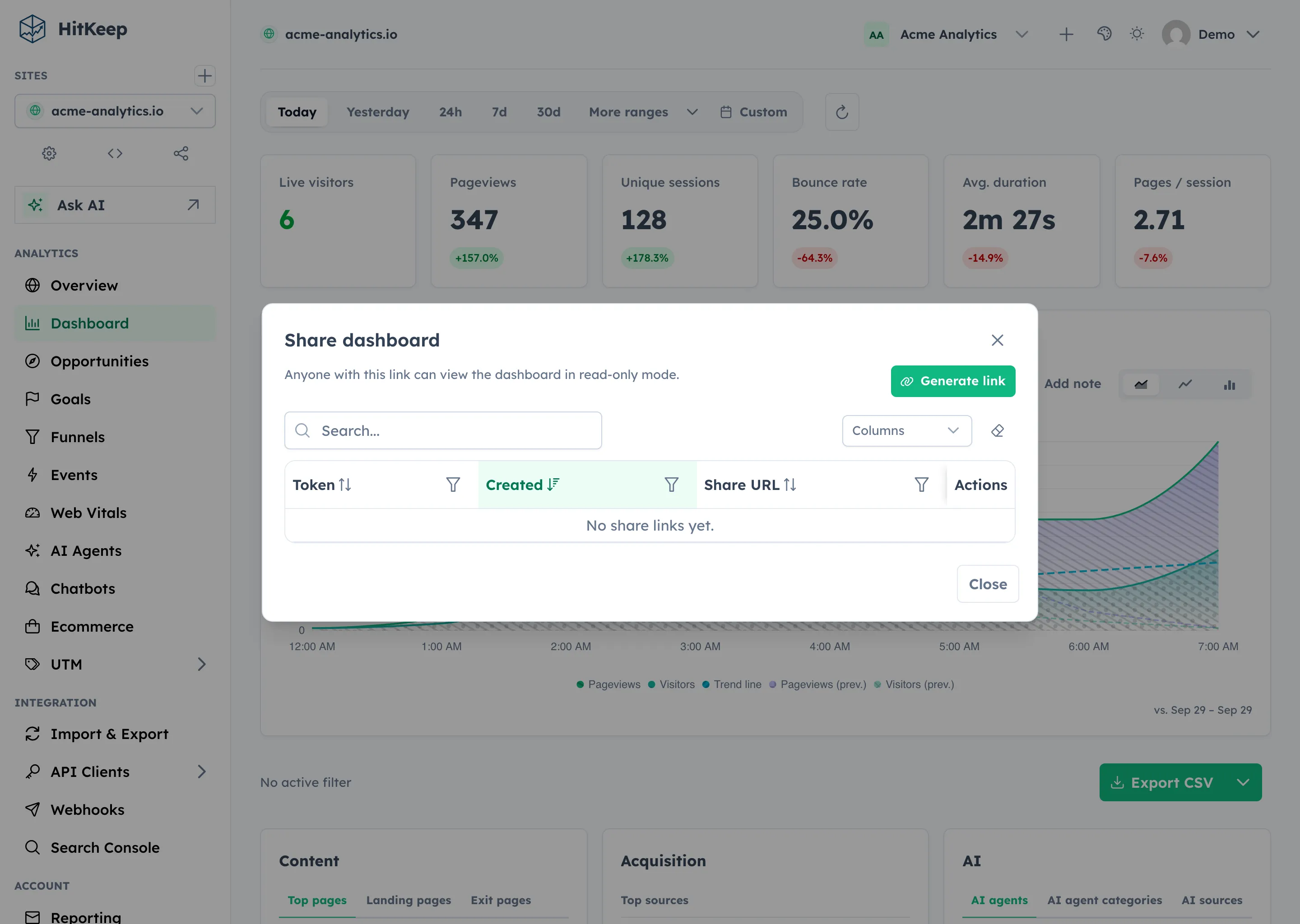 HitKeep shareable dashboard — read-only share link management
